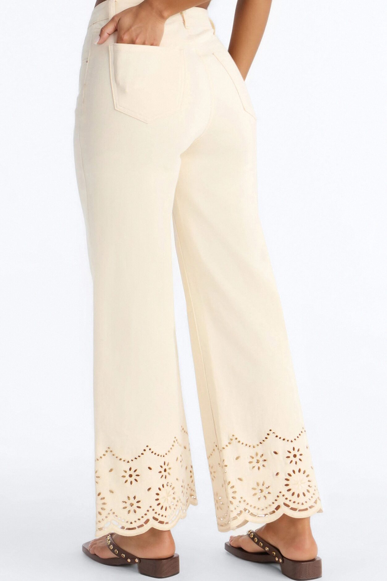 Valencia Eyelet Trim Premium Denim Stretch Jeans - Cream