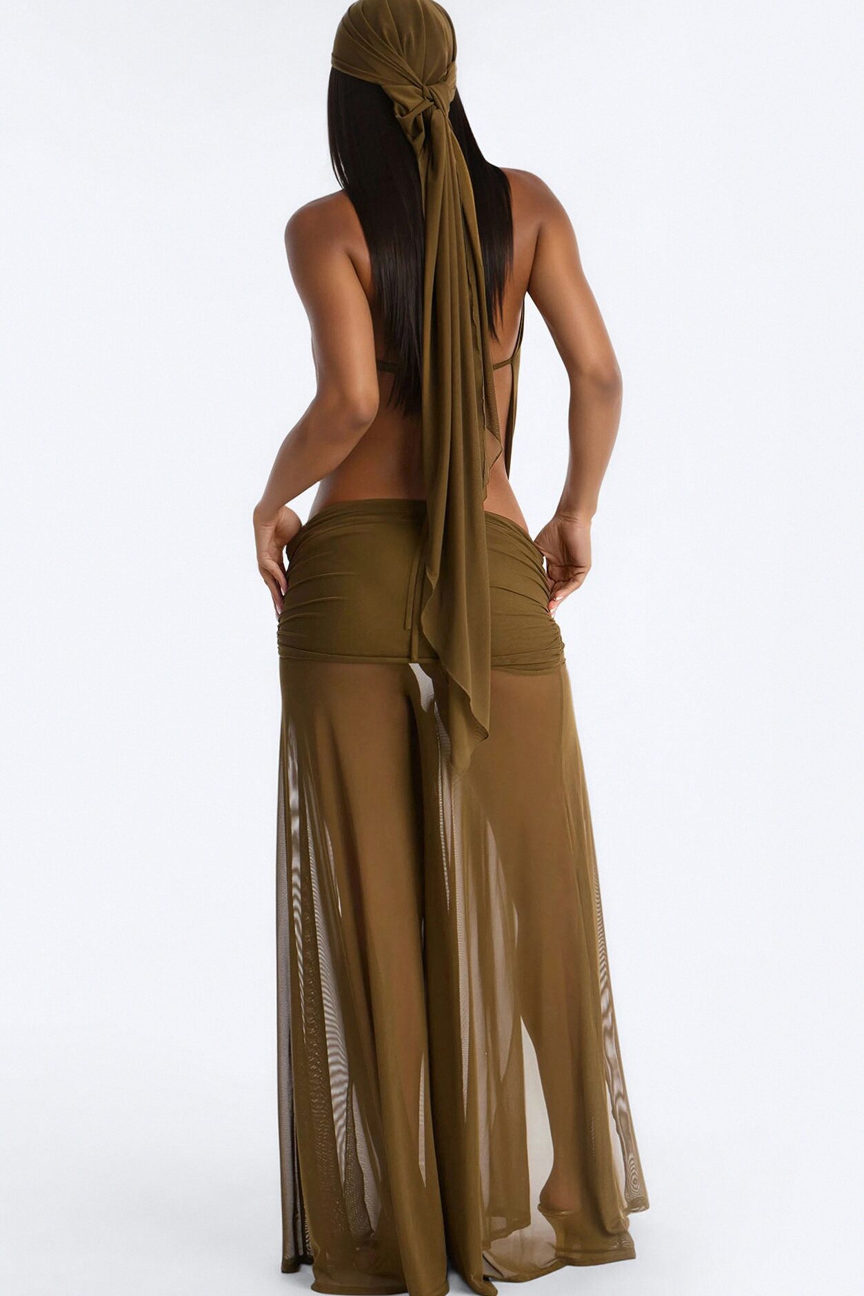 Tamara Backless Mesh Jumpsuit And Headscarf Set - Olive