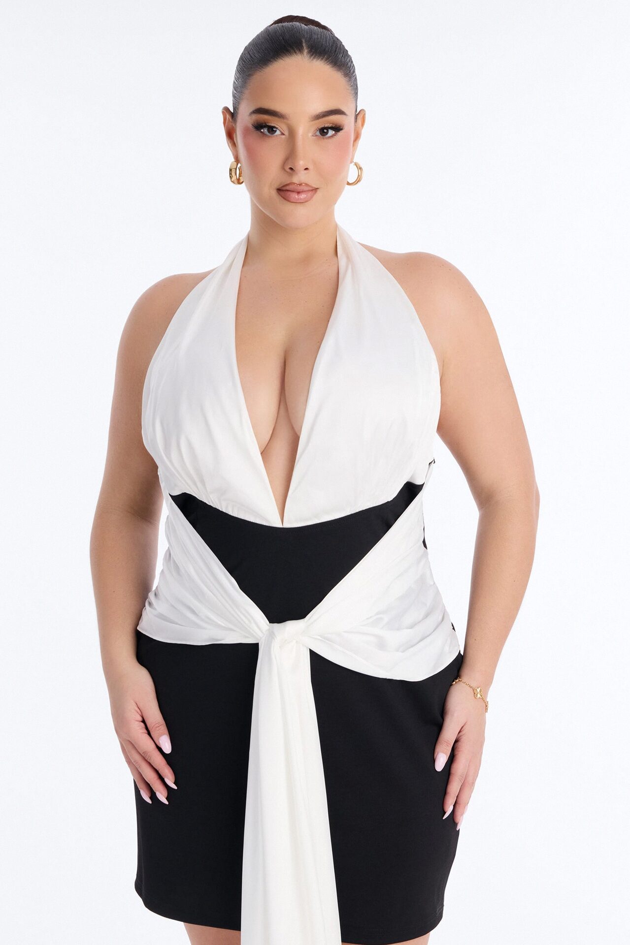 Levelle Halter Ponte Mini Dress - Black/White