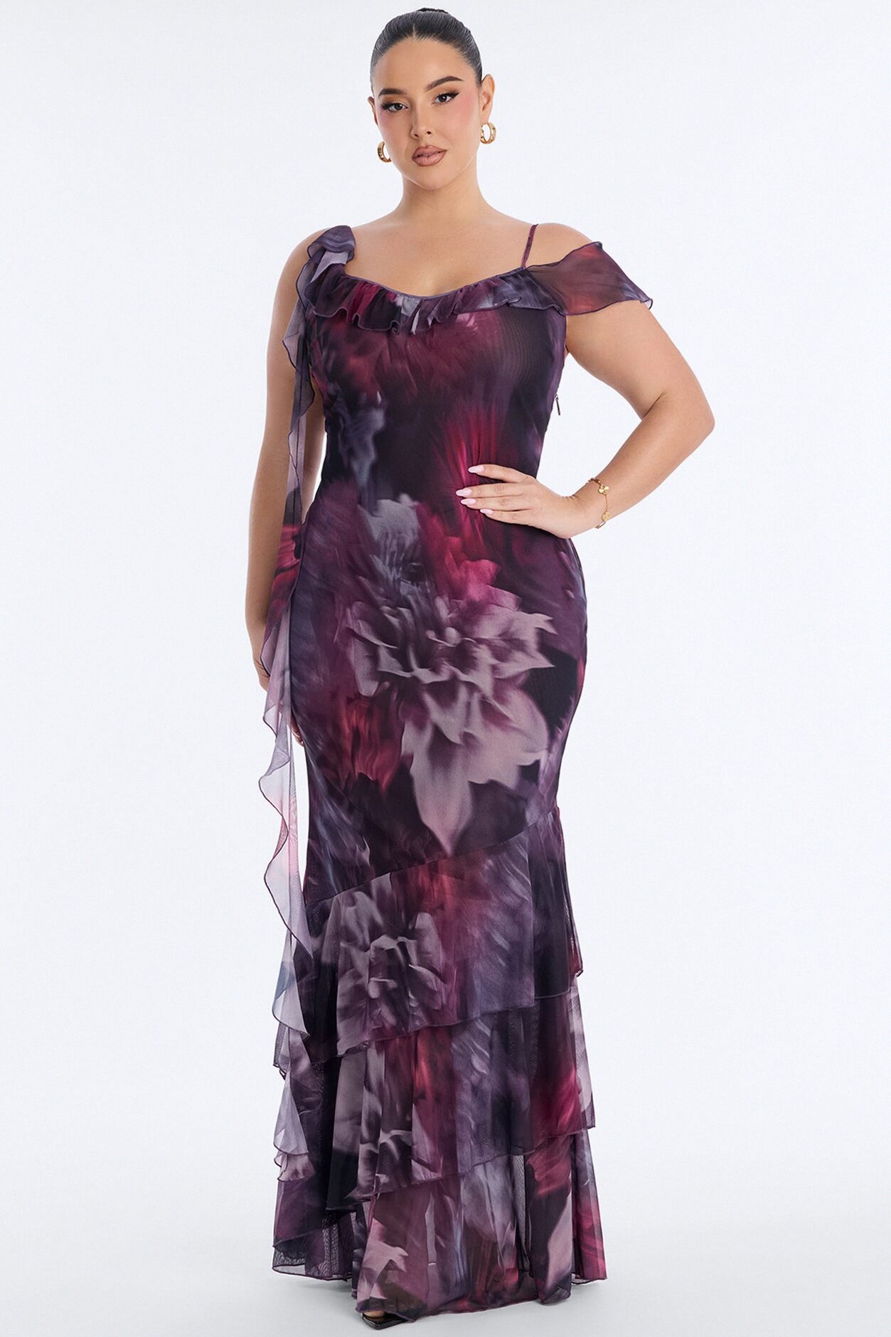 Hopeless Romantic Ruffle Mesh Maxi Dress - Plum/Multi