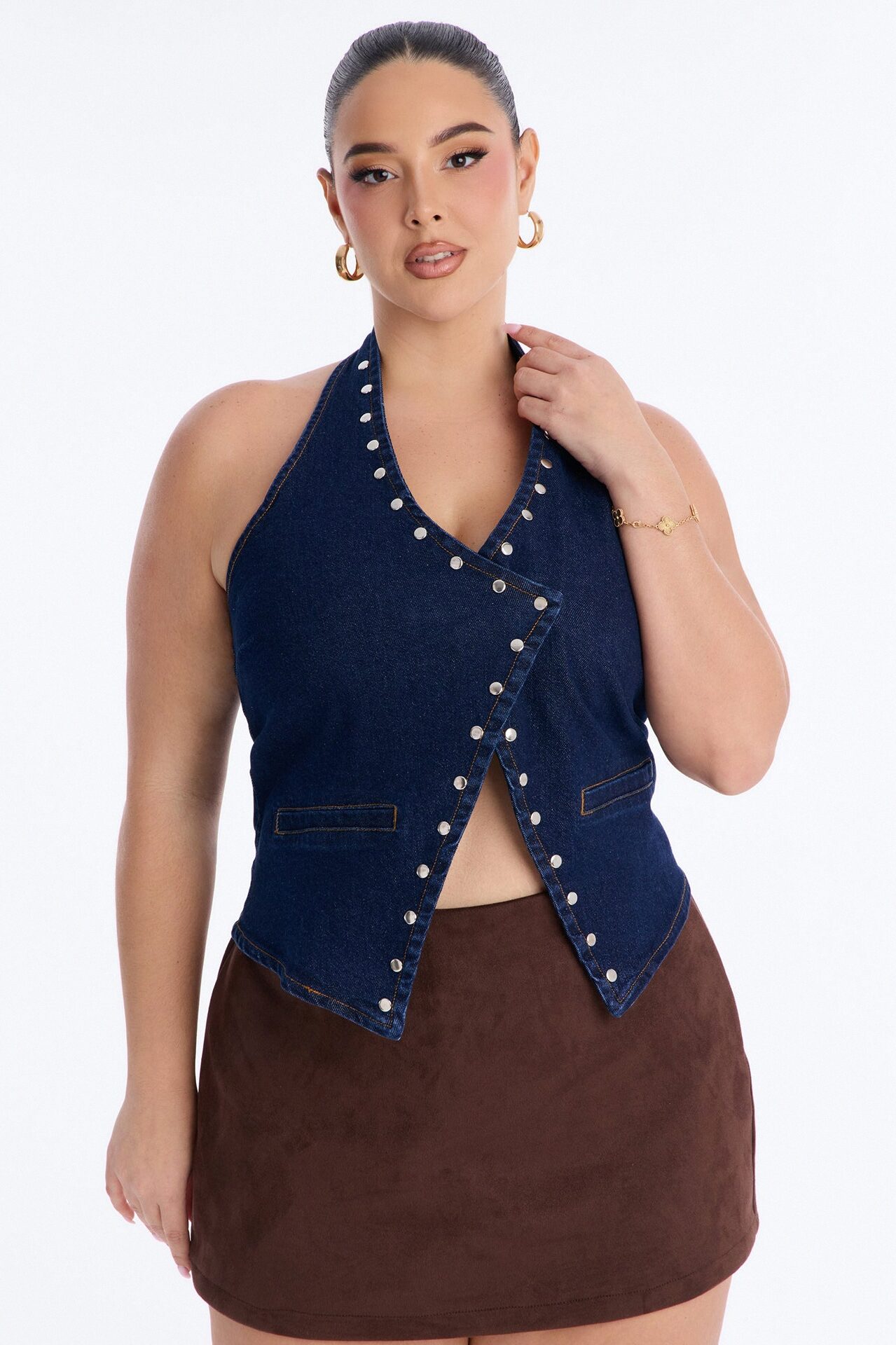 Leon Studded Denim Halter Top - Dark Wash