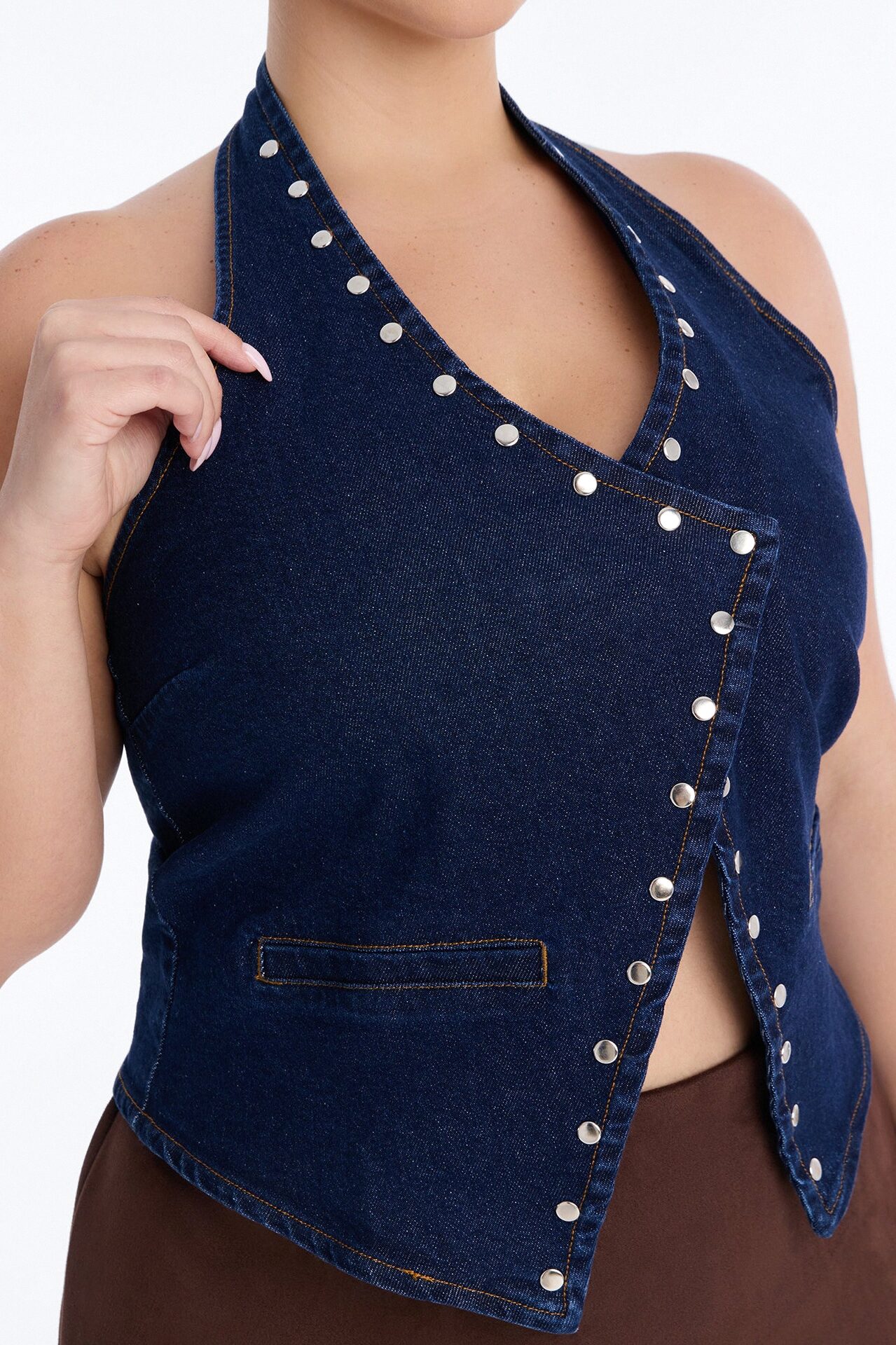 Leon Studded Denim Halter Top - Dark Wash