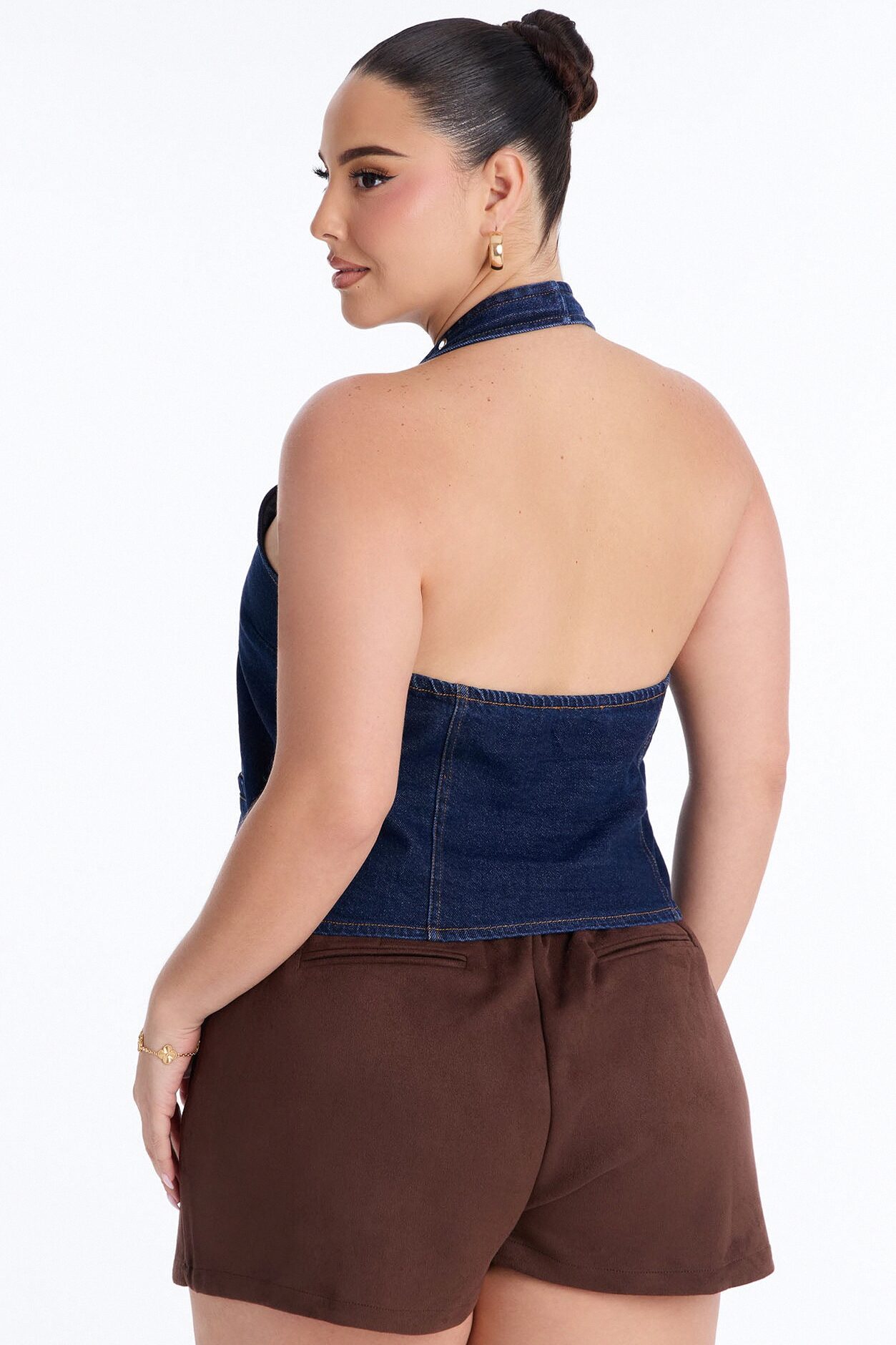 Leon Studded Denim Halter Top - Dark Wash