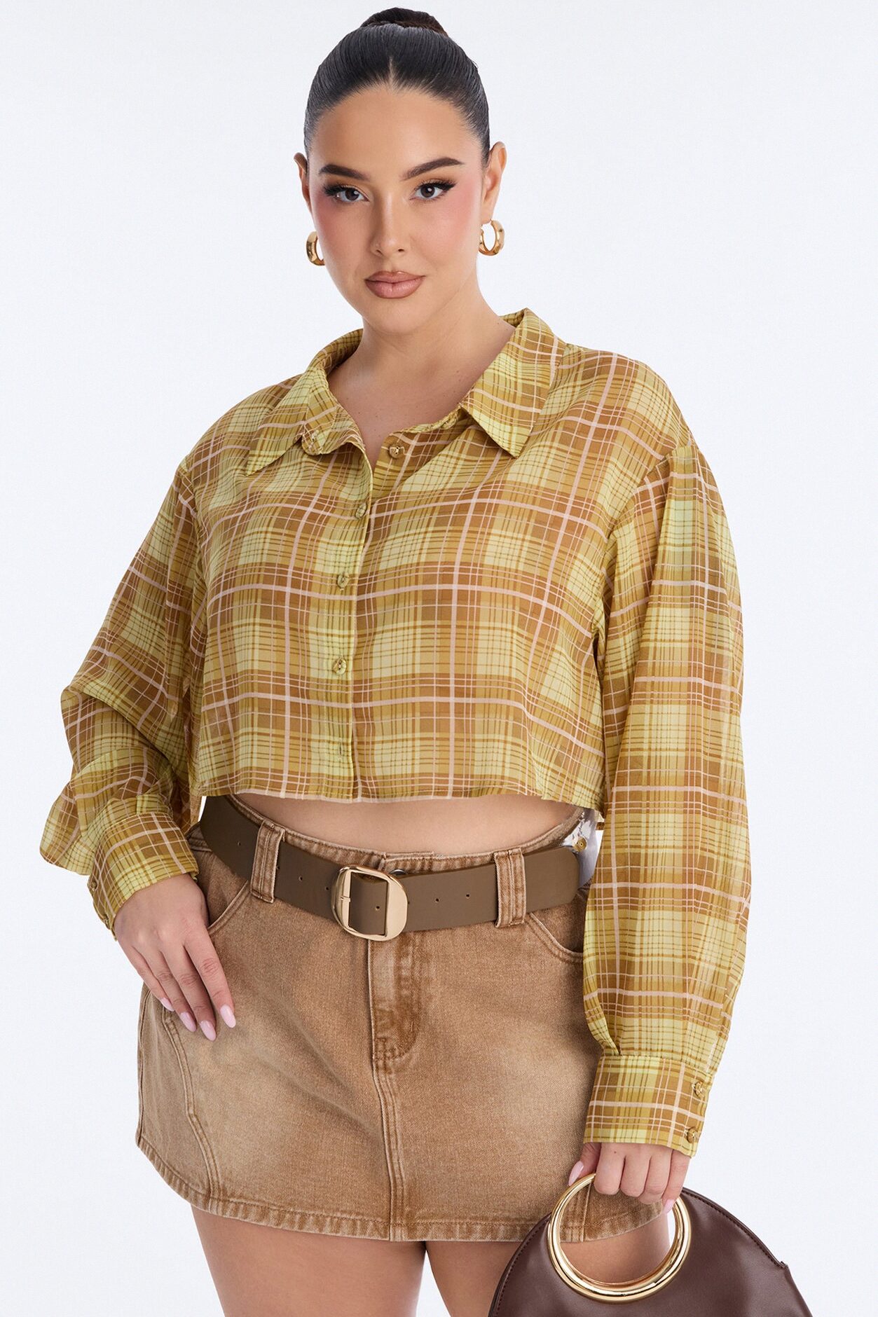 Tropic Oasis Plaid Chiffon Cropped Shirt - Yellow/combo