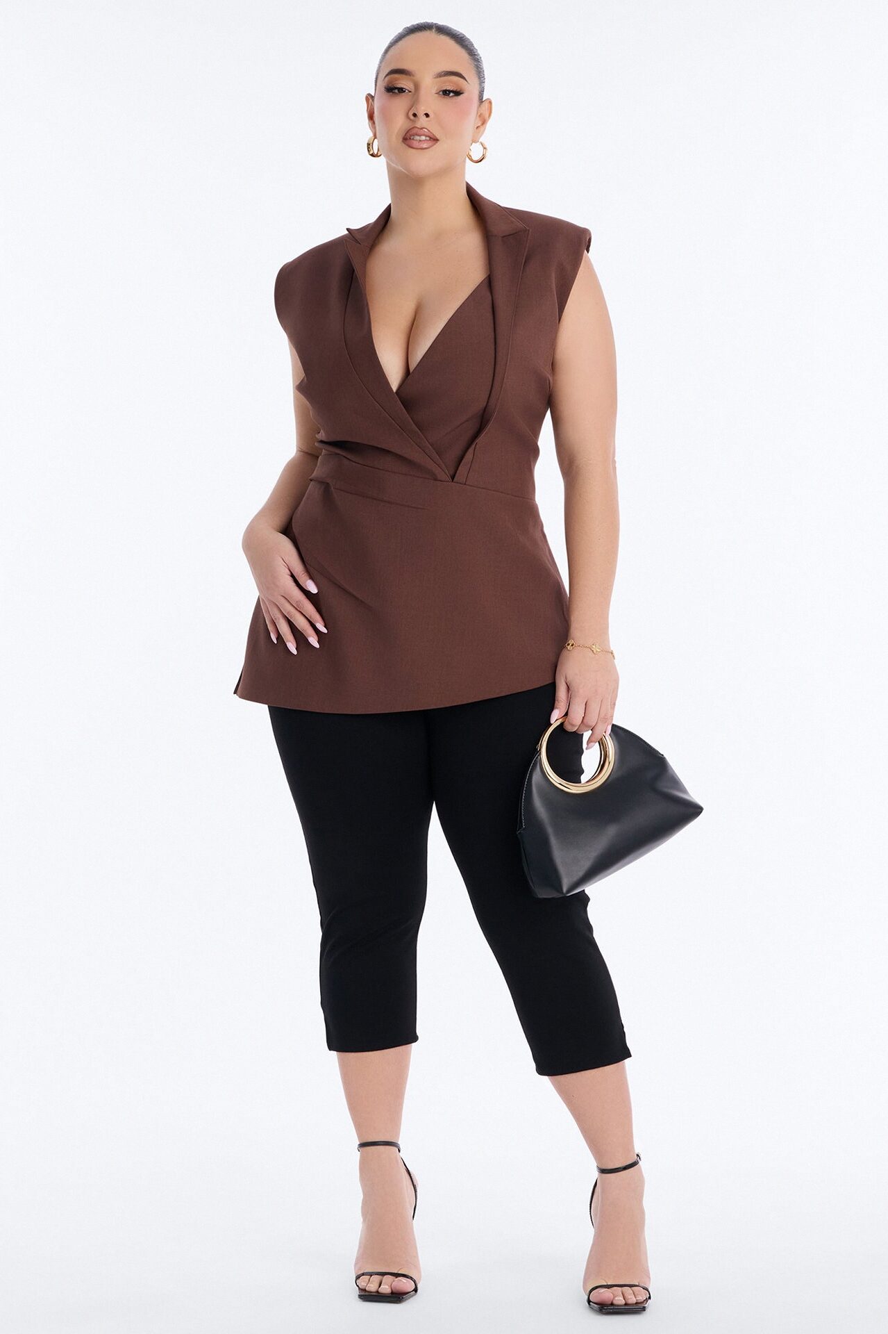 Let's Get Going Shoulder Pads Pleated Top - Brown