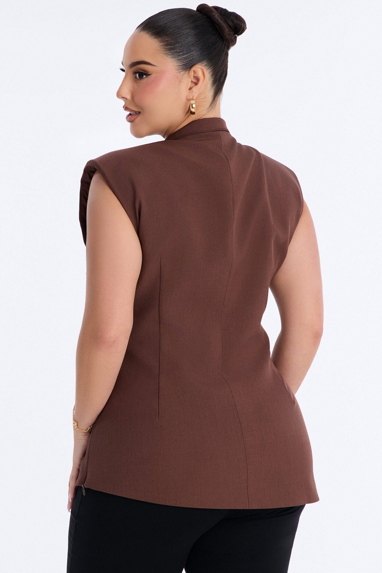 Let's Get Going Shoulder Pads Pleated Top - Brown