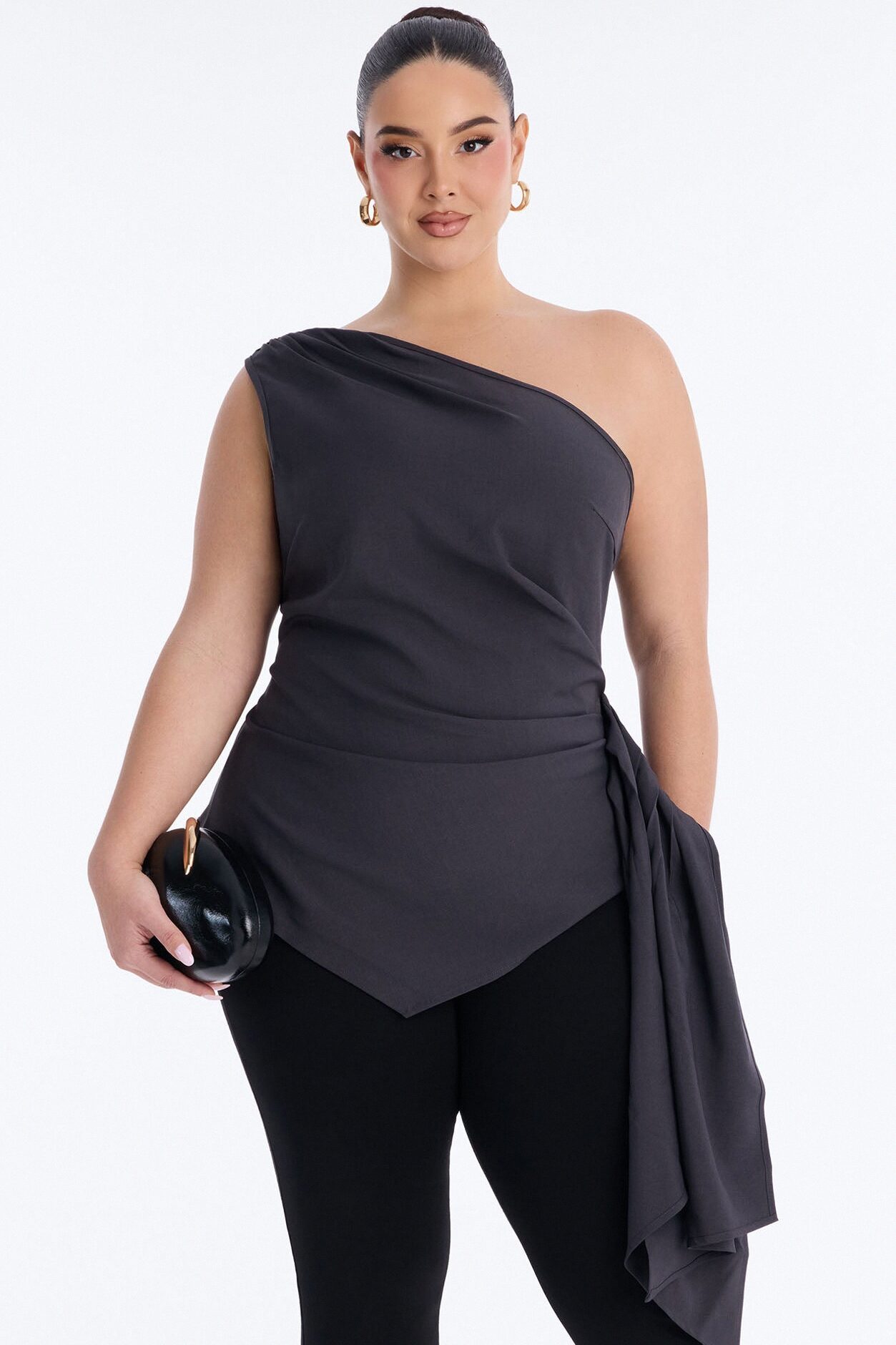 Muse In Motion One Shoulder Draped Top - Charcoal