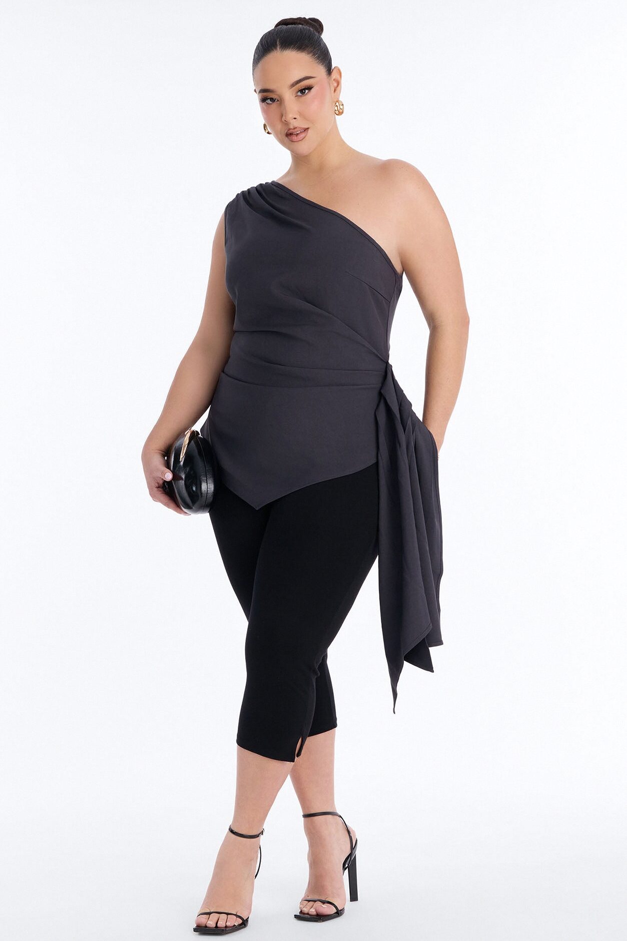 Muse In Motion One Shoulder Draped Top - Charcoal
