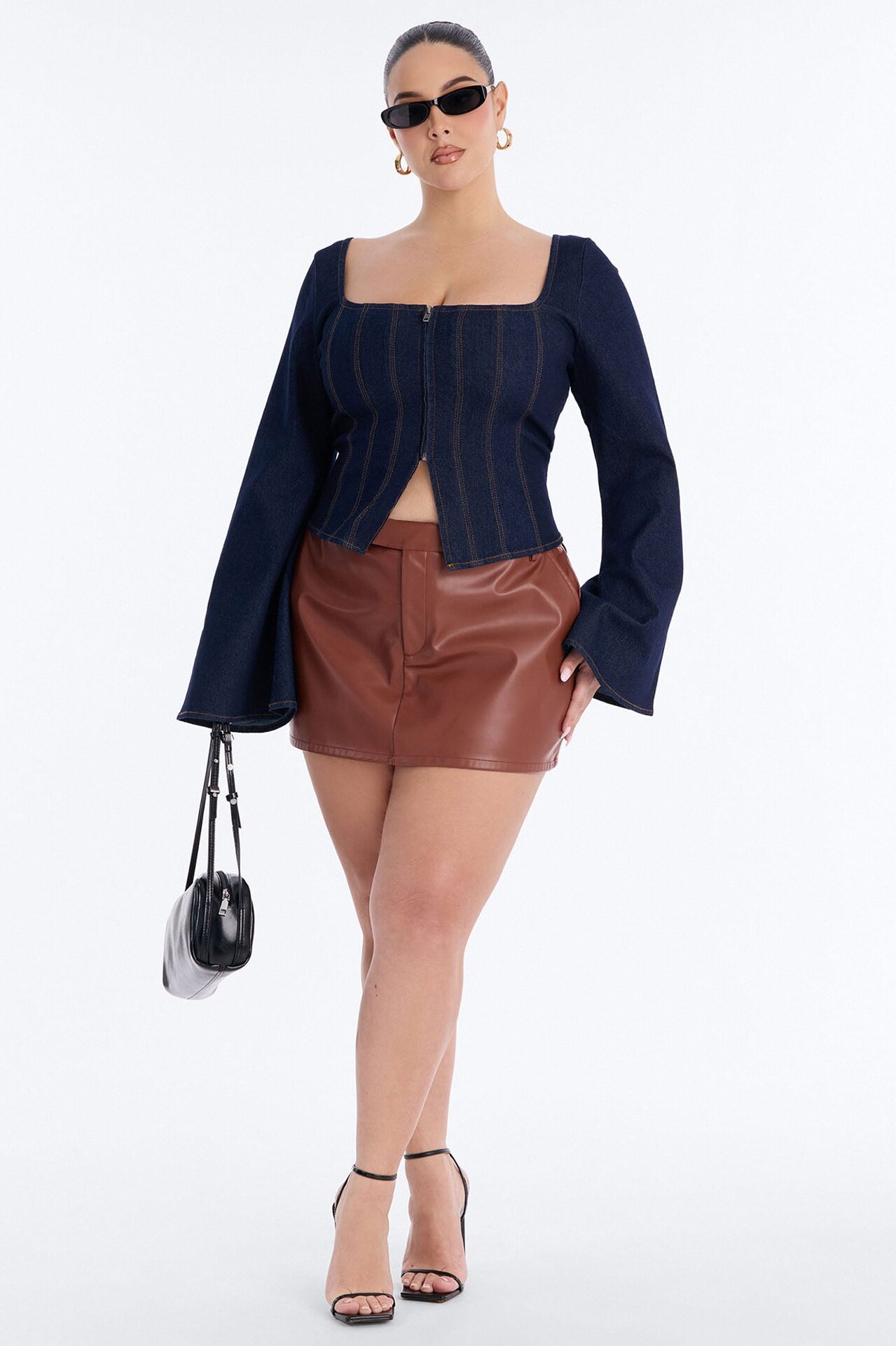 Miss Professional Front Zip Denim Top - Dark Wash