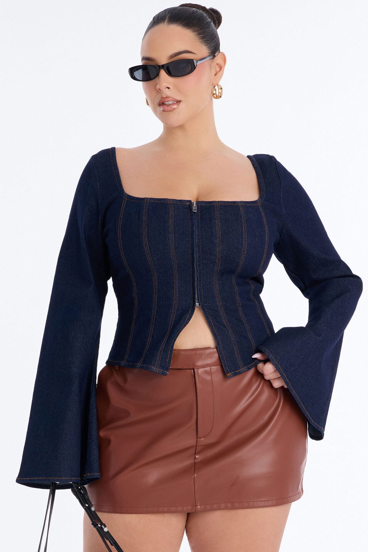 Miss Professional Front Zip Denim Top - Dark Wash