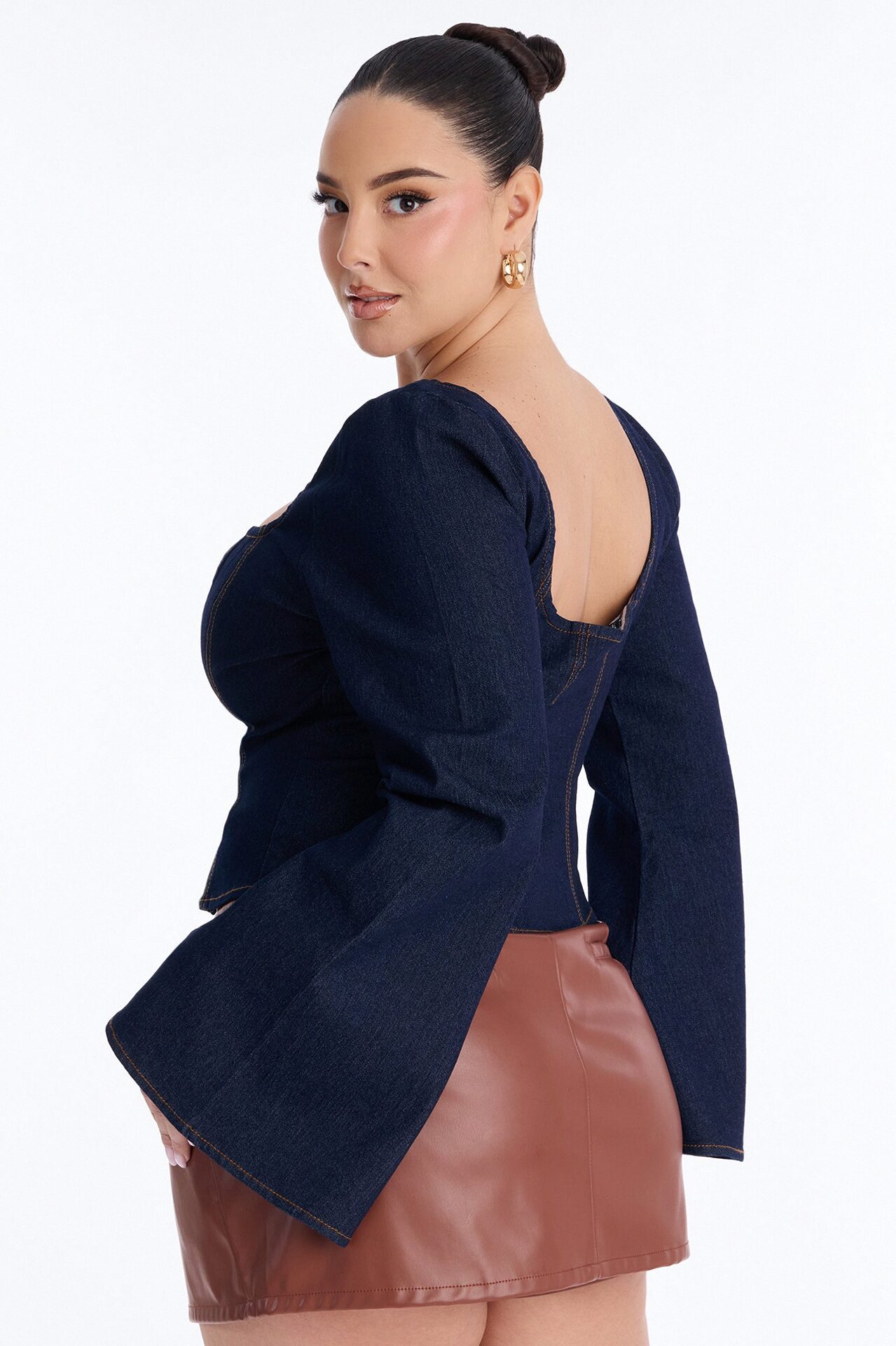 Miss Professional Front Zip Denim Top - Dark Wash