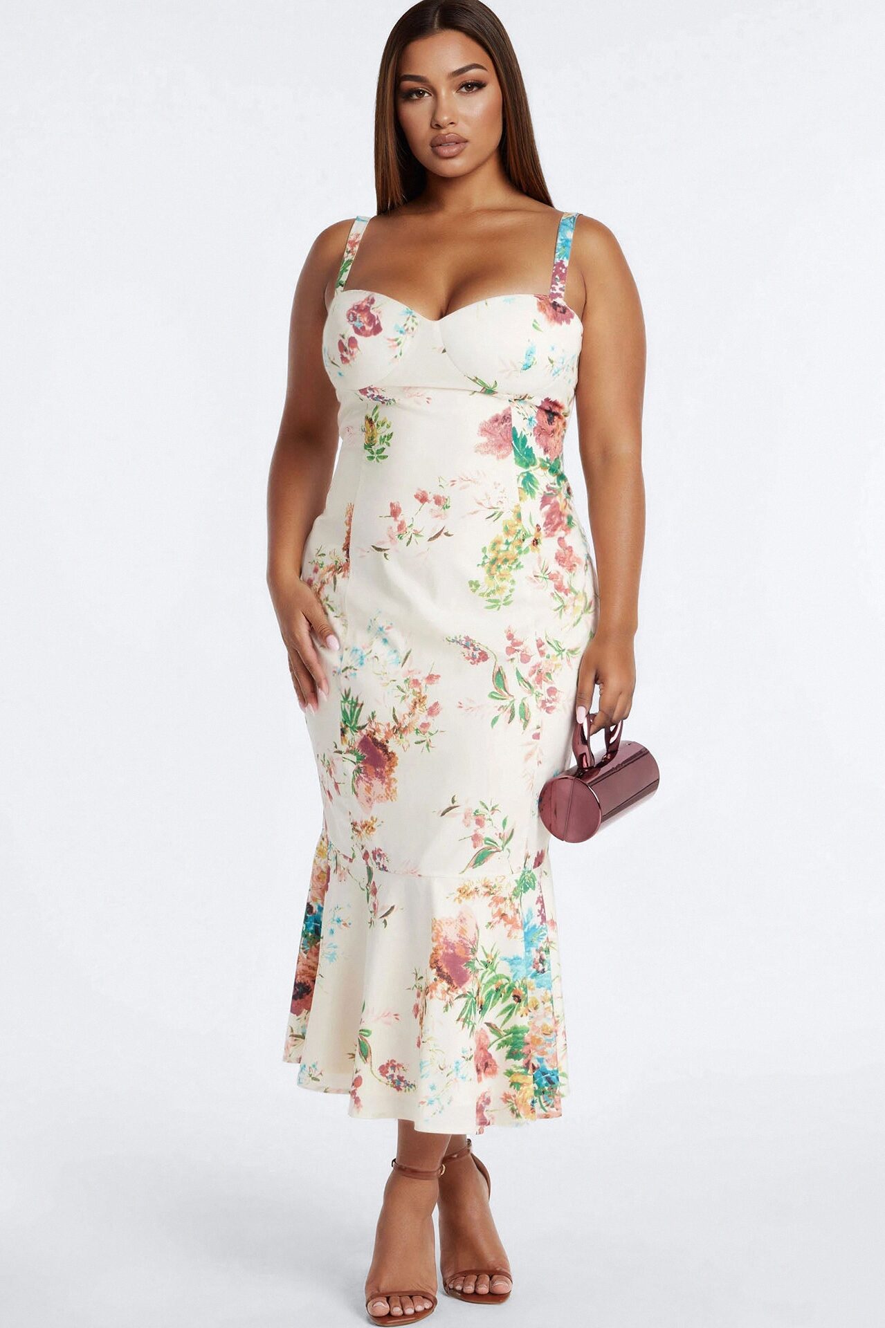 Yasmine Floral Mermaid Midi Dress - White/combo