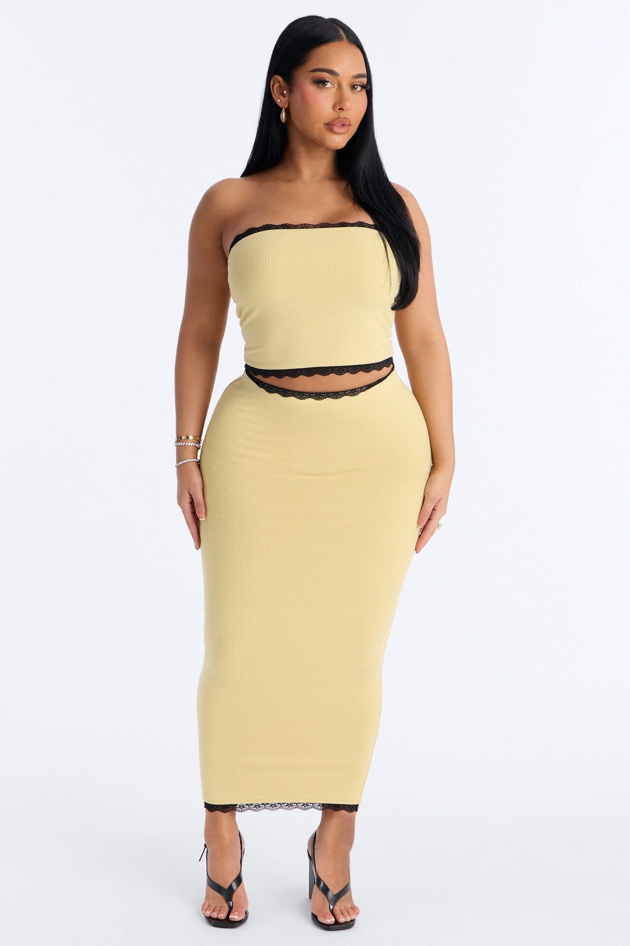 Your Darling Double Lined Ribbed Skirt Set - Yellow/combo
