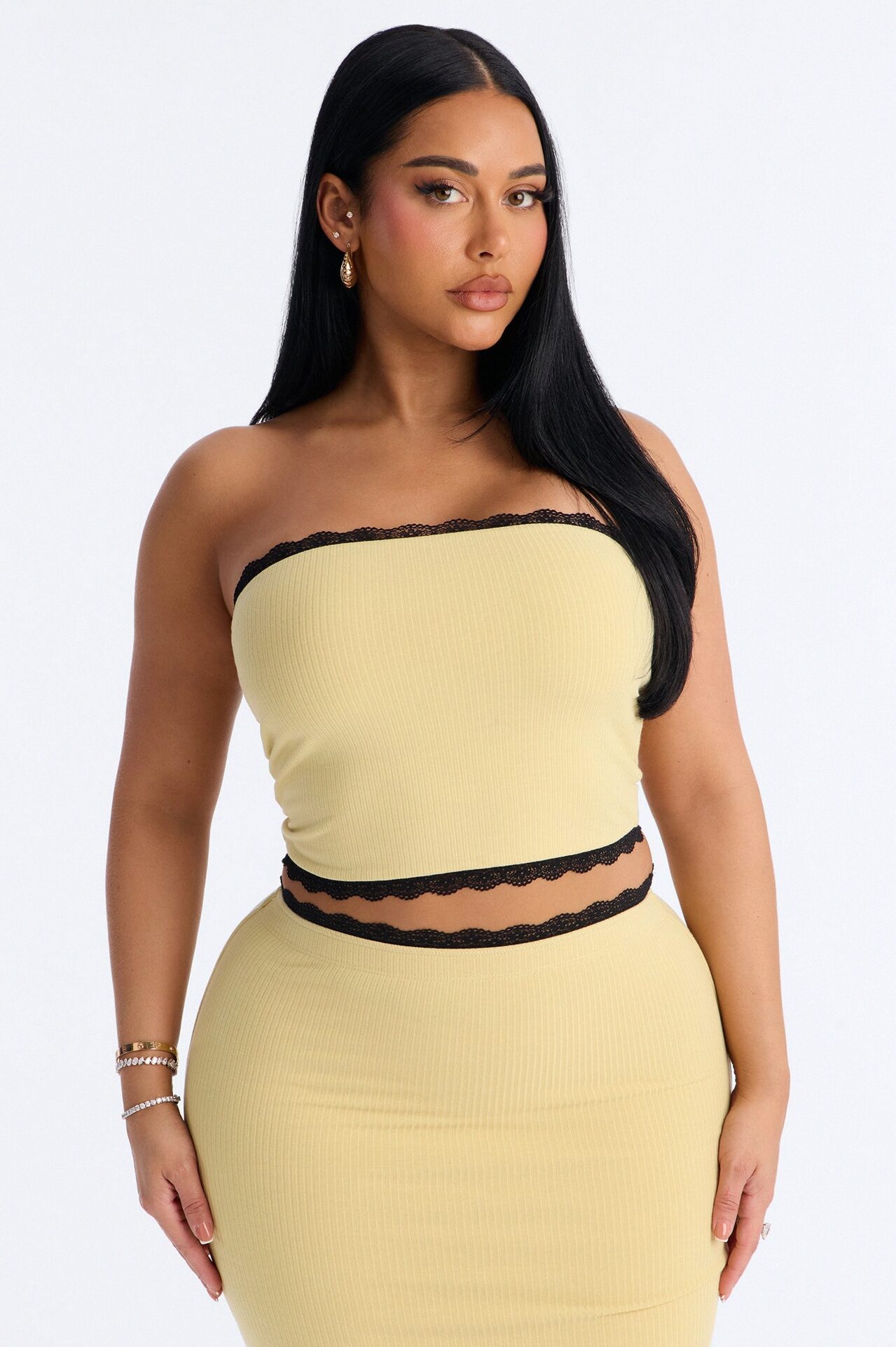 Your Darling Double Lined Ribbed Skirt Set - Yellow/combo