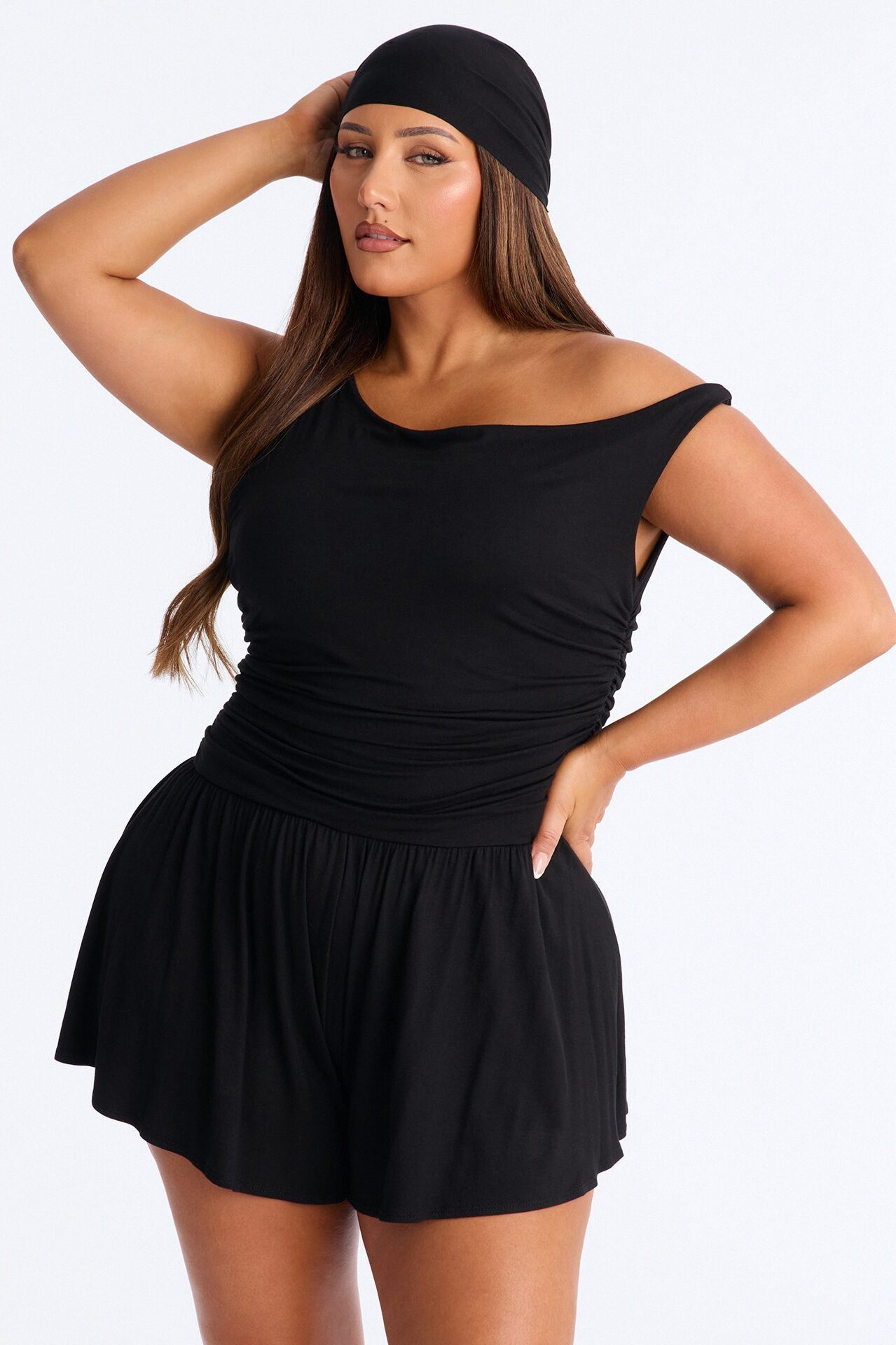 Monica Ruched Romper And Headscarf 2 Piece Set - Black