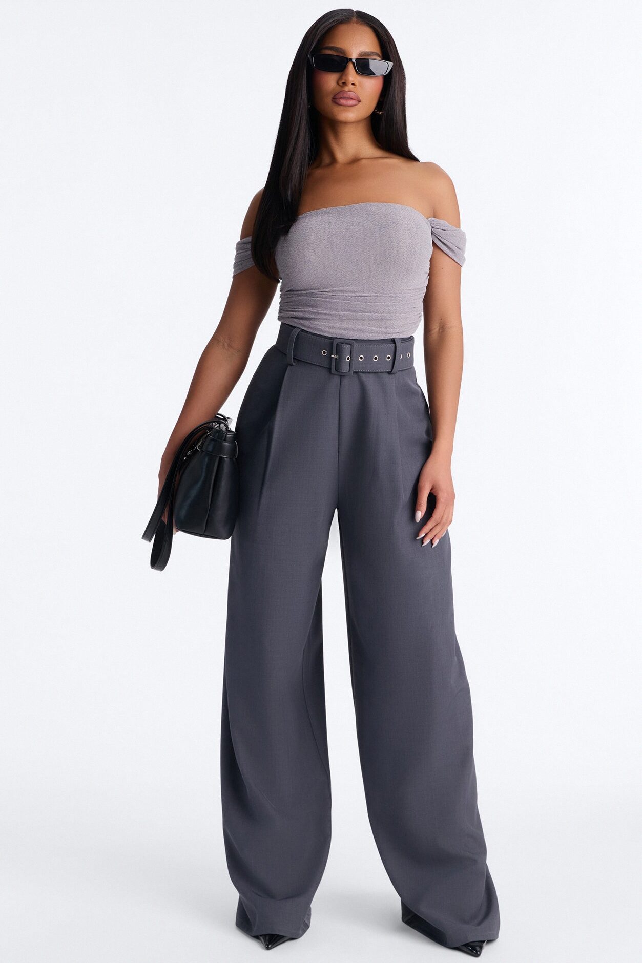 Charlize Off Shoulder Belted Jumpsuit - Grey