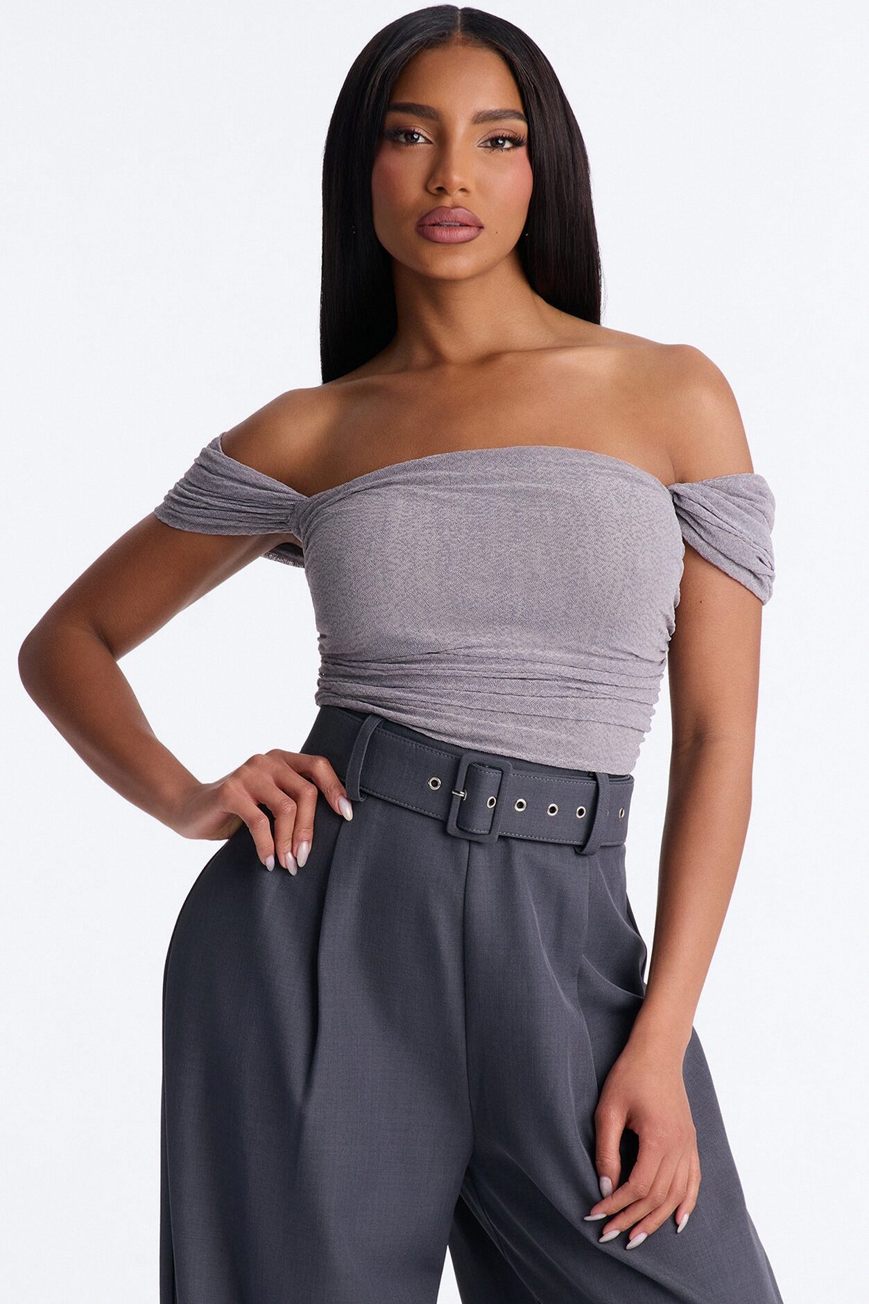 Charlize Off Shoulder Belted Jumpsuit - Grey