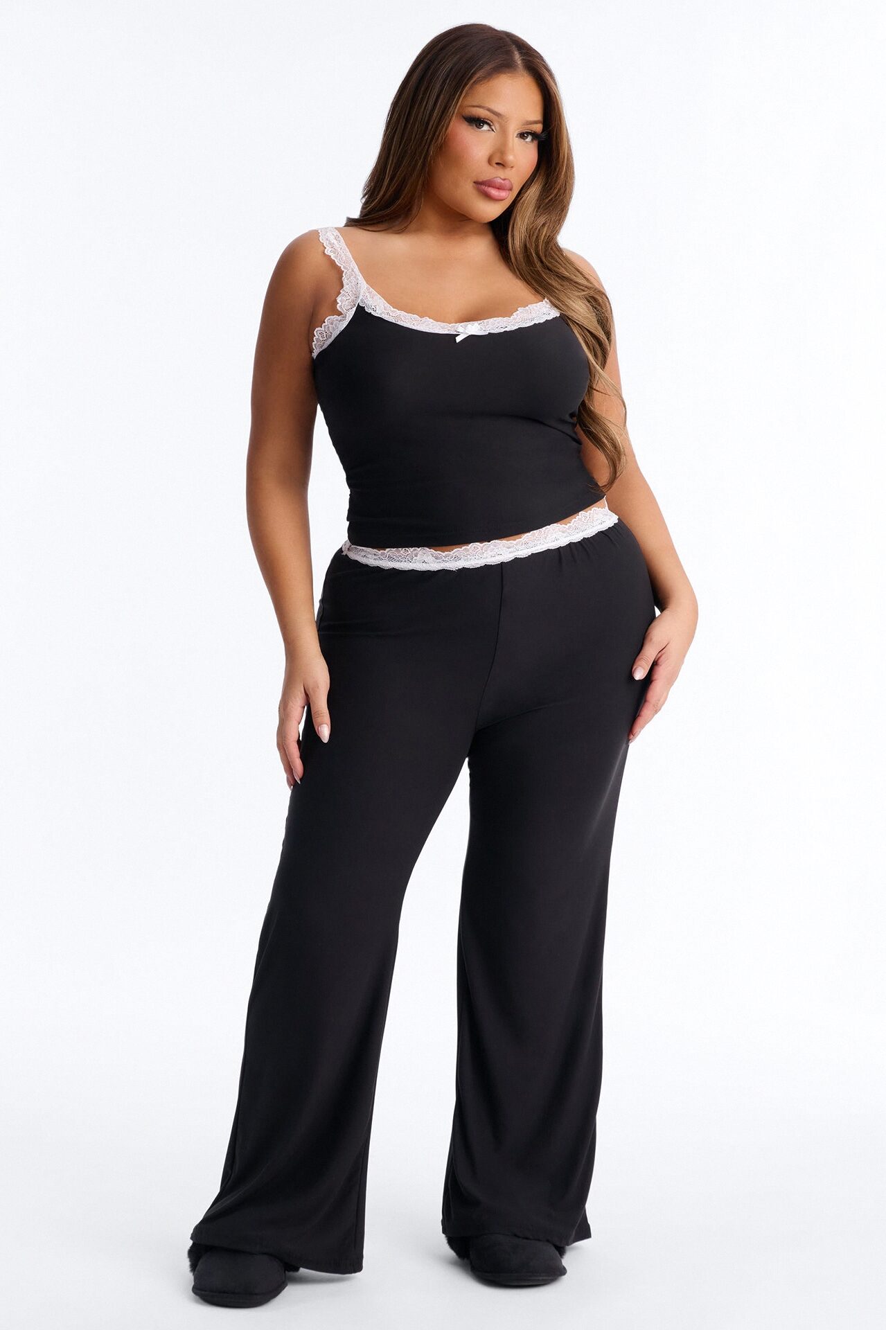 Romantic Dreams Lace Trim Cami PJ Pant Set - Black/White