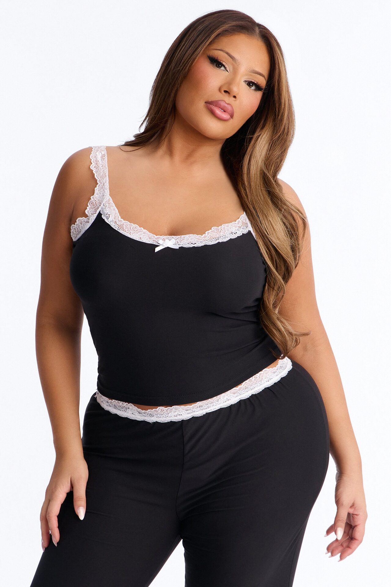 Romantic Dreams Lace Trim Cami PJ Pant Set - Black/White