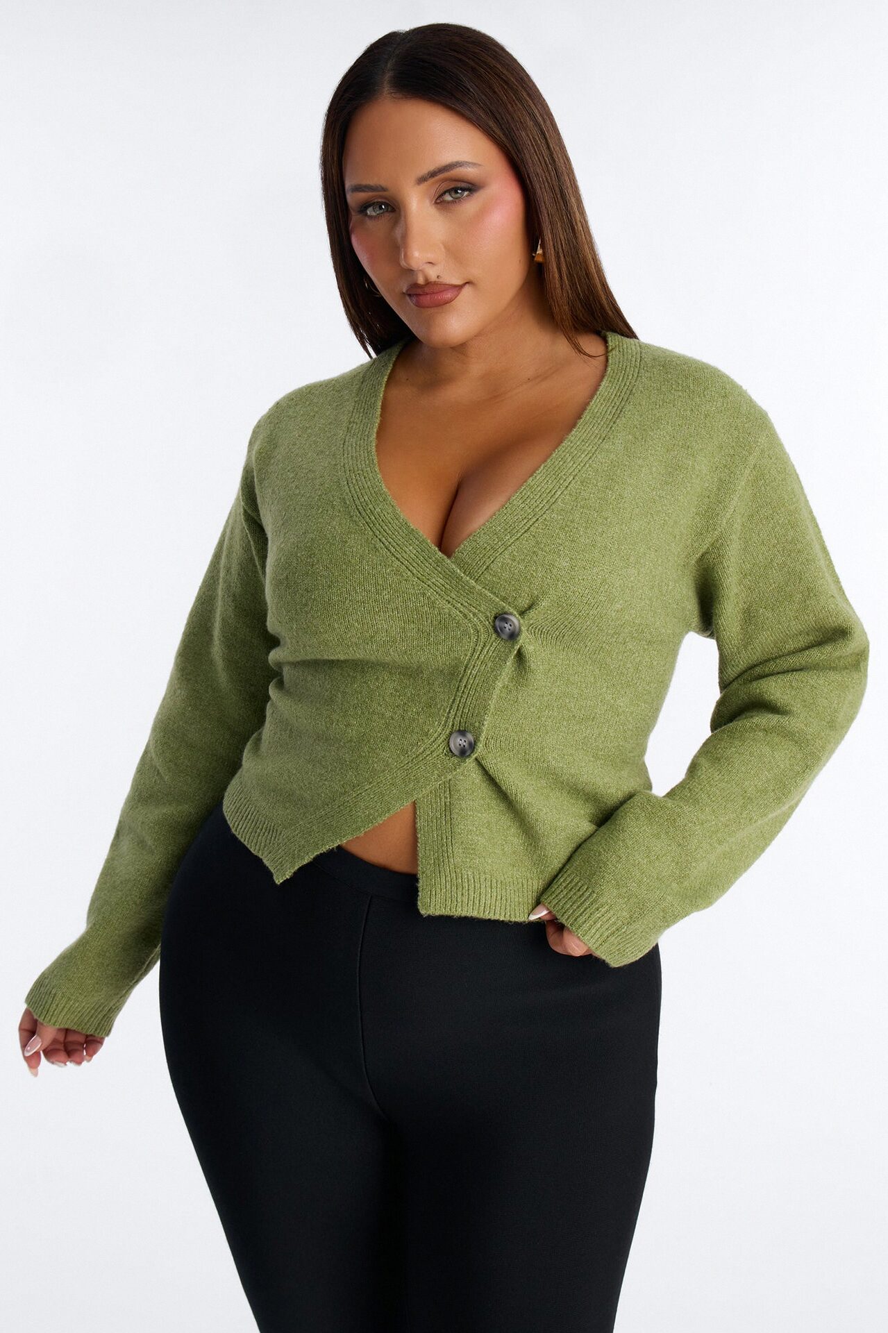 Elaia Asymmetric Button Front Cardigan Sweater - Moss