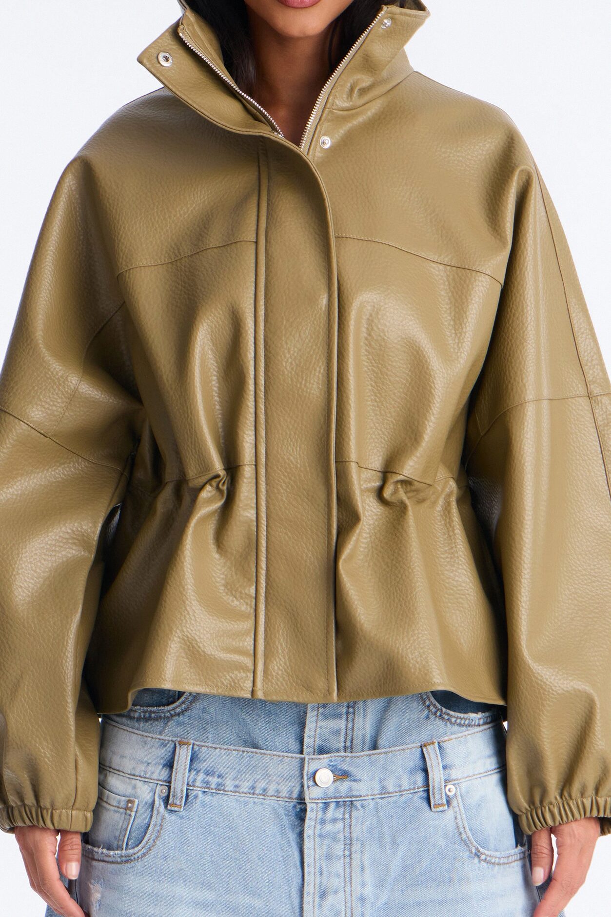 Effortless Funnel Neck Faux Leather Anorak - Olive