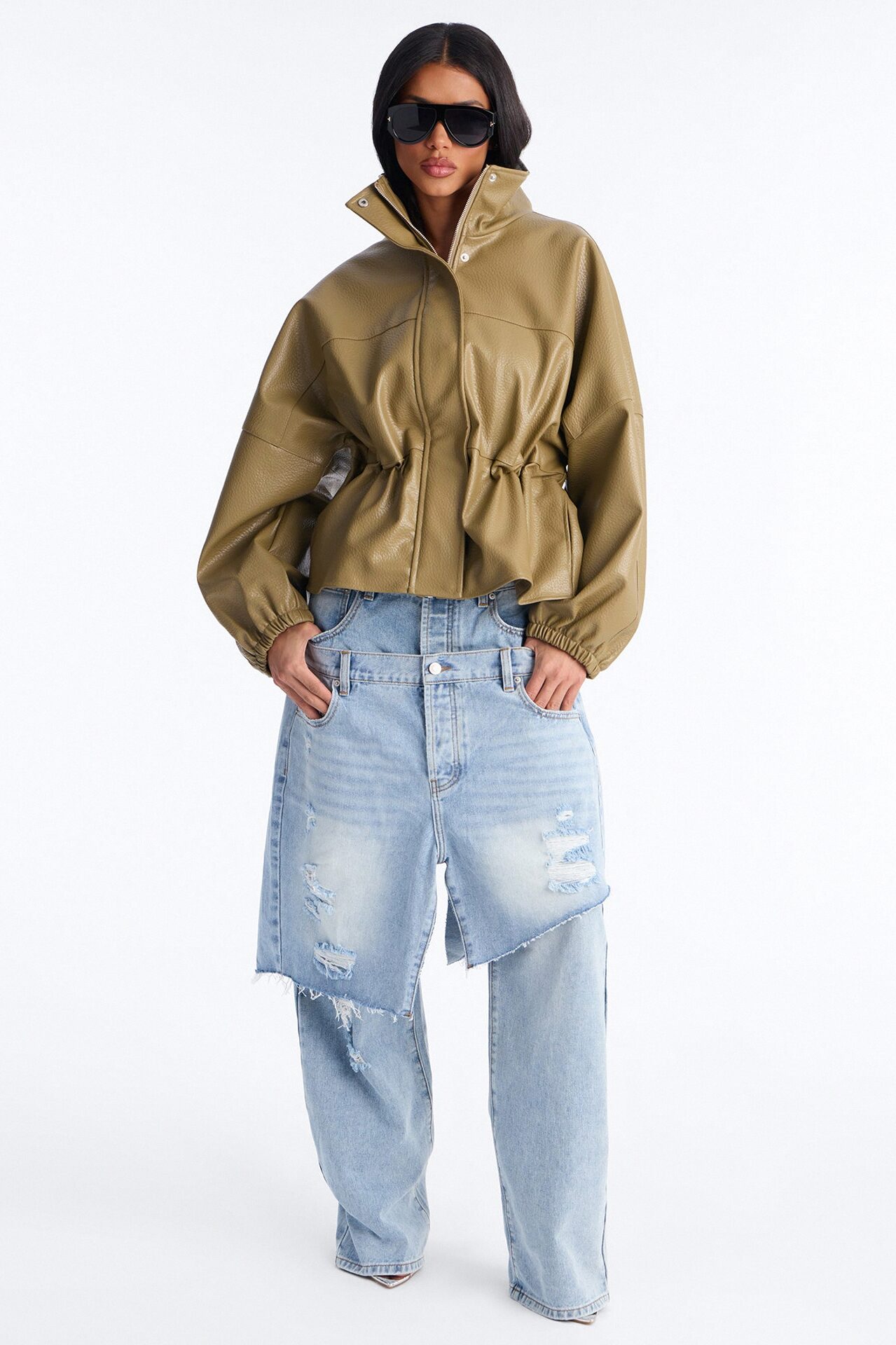 Effortless Funnel Neck Faux Leather Anorak - Olive