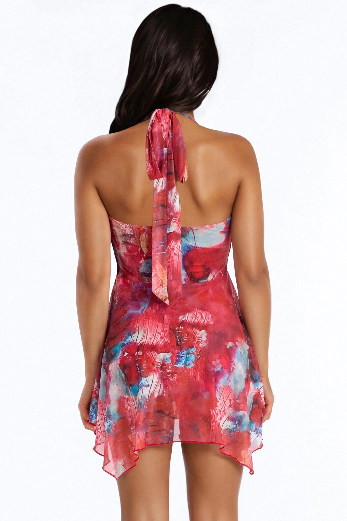 Elisa Halter Mesh Mini Dress - Red/combo