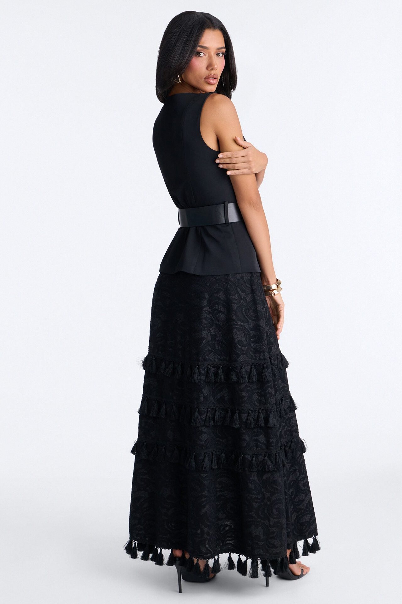 Inez Fringe Trim Belted Maxi Skirt Set - Black