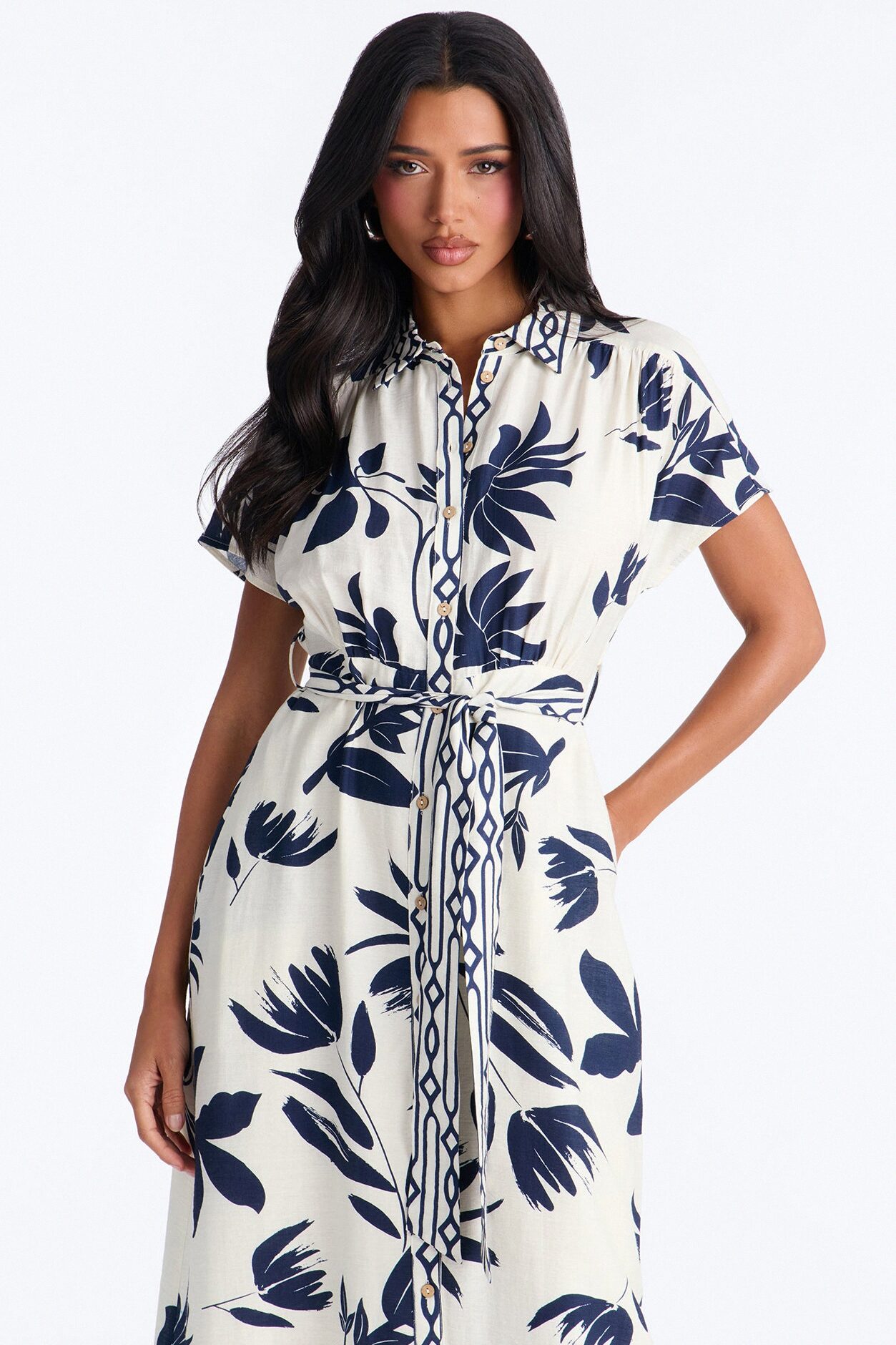 Mable Collared Linen Maxi Dress - Navy/combo