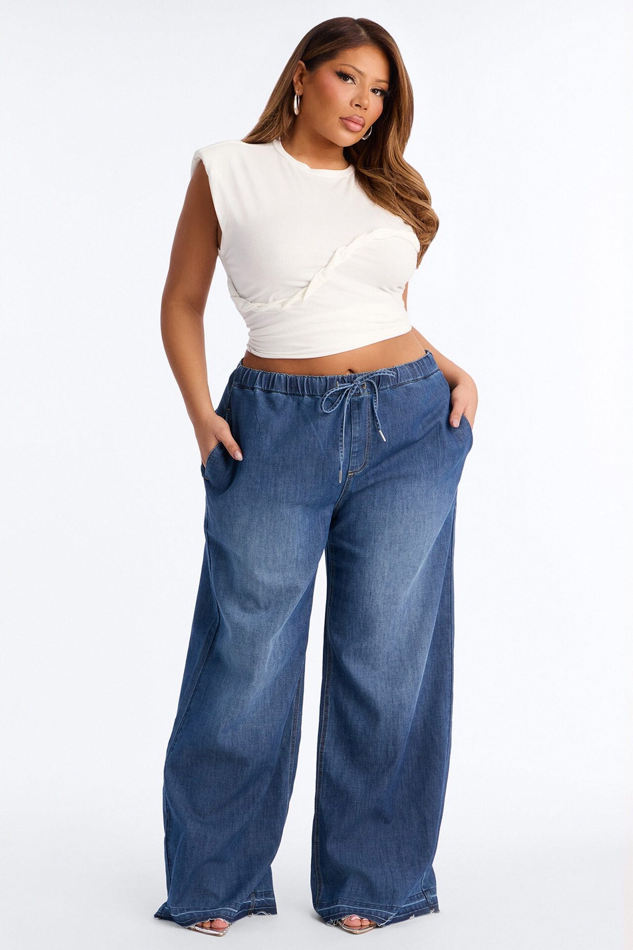 Marina Stretch Crosshatch Tie Waist Jeans - Medium Wash