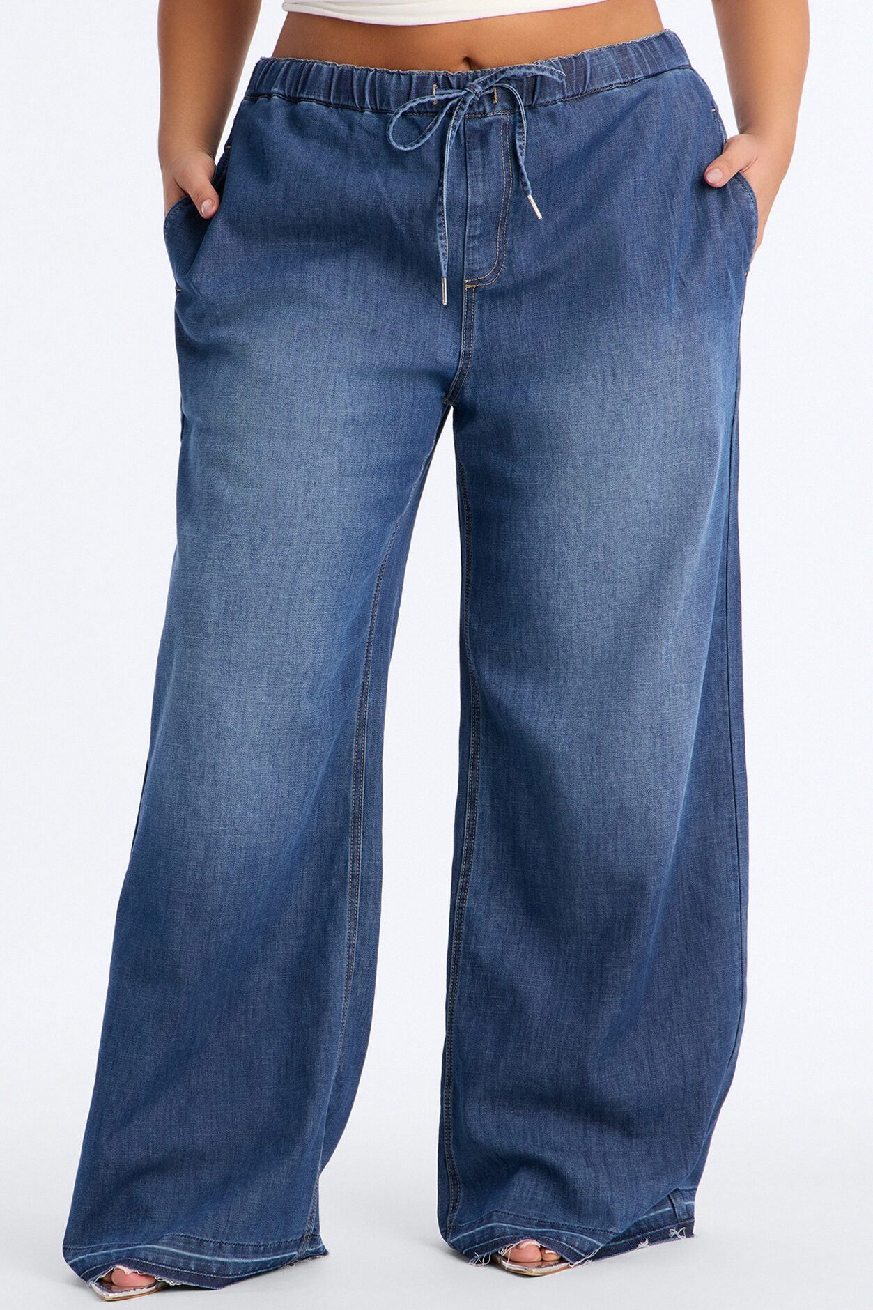 Marina Stretch Crosshatch Tie Waist Jeans - Medium Wash