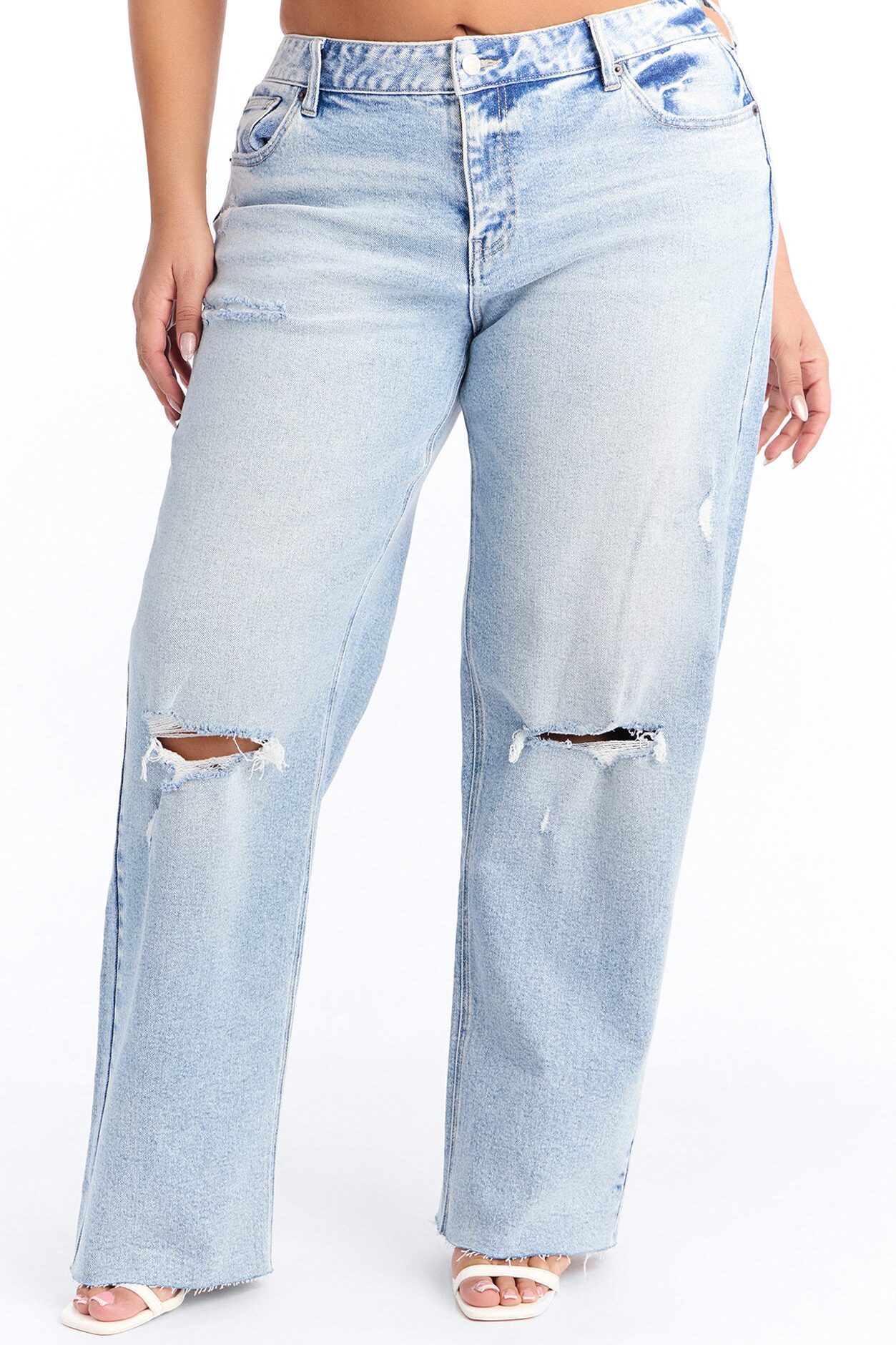 90s Classic Mid Rise Ripped Stretch Straight Leg Jeans - Light Wash