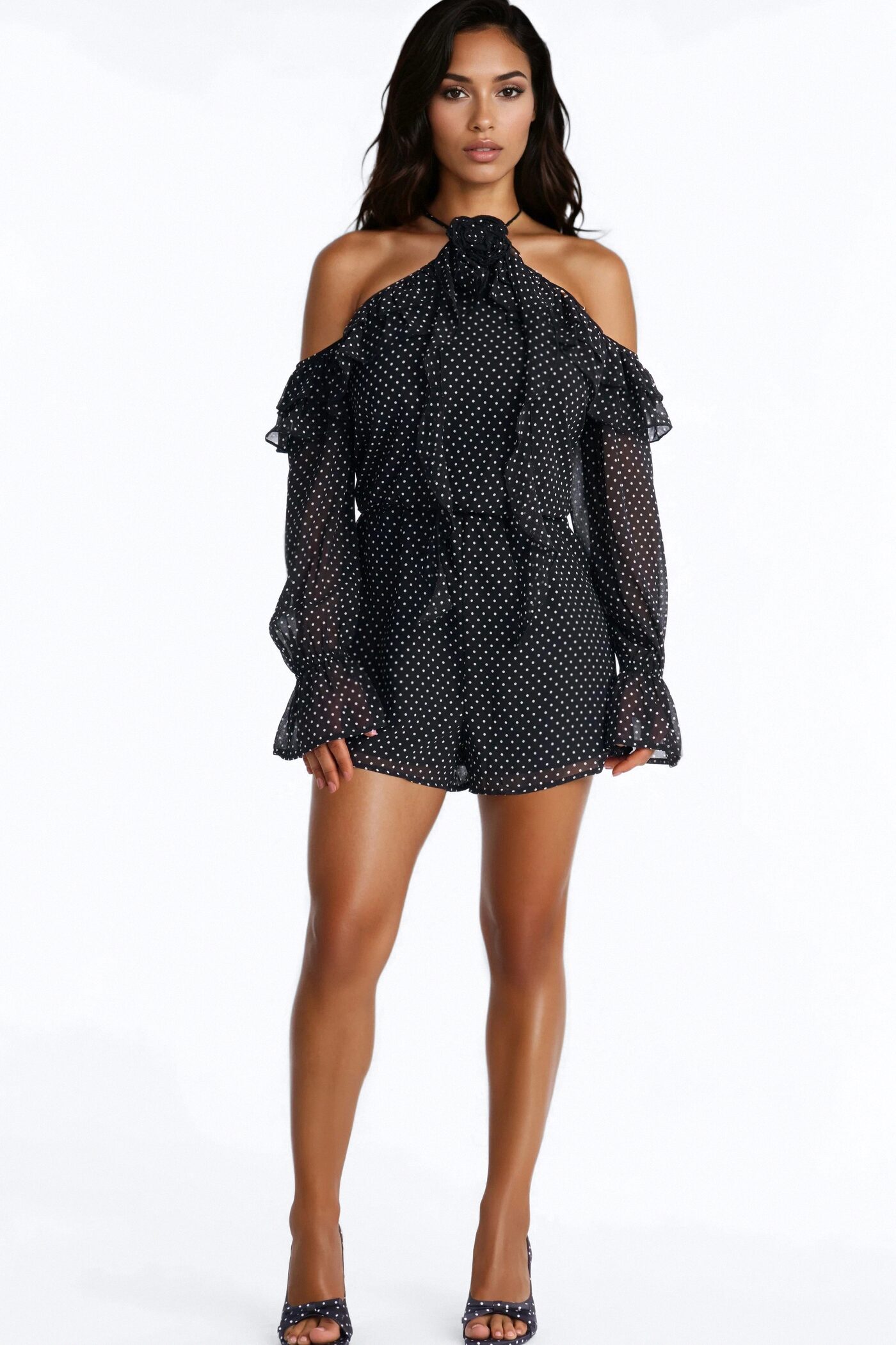 Rhia Polka Dot Chiffon Romper - Black