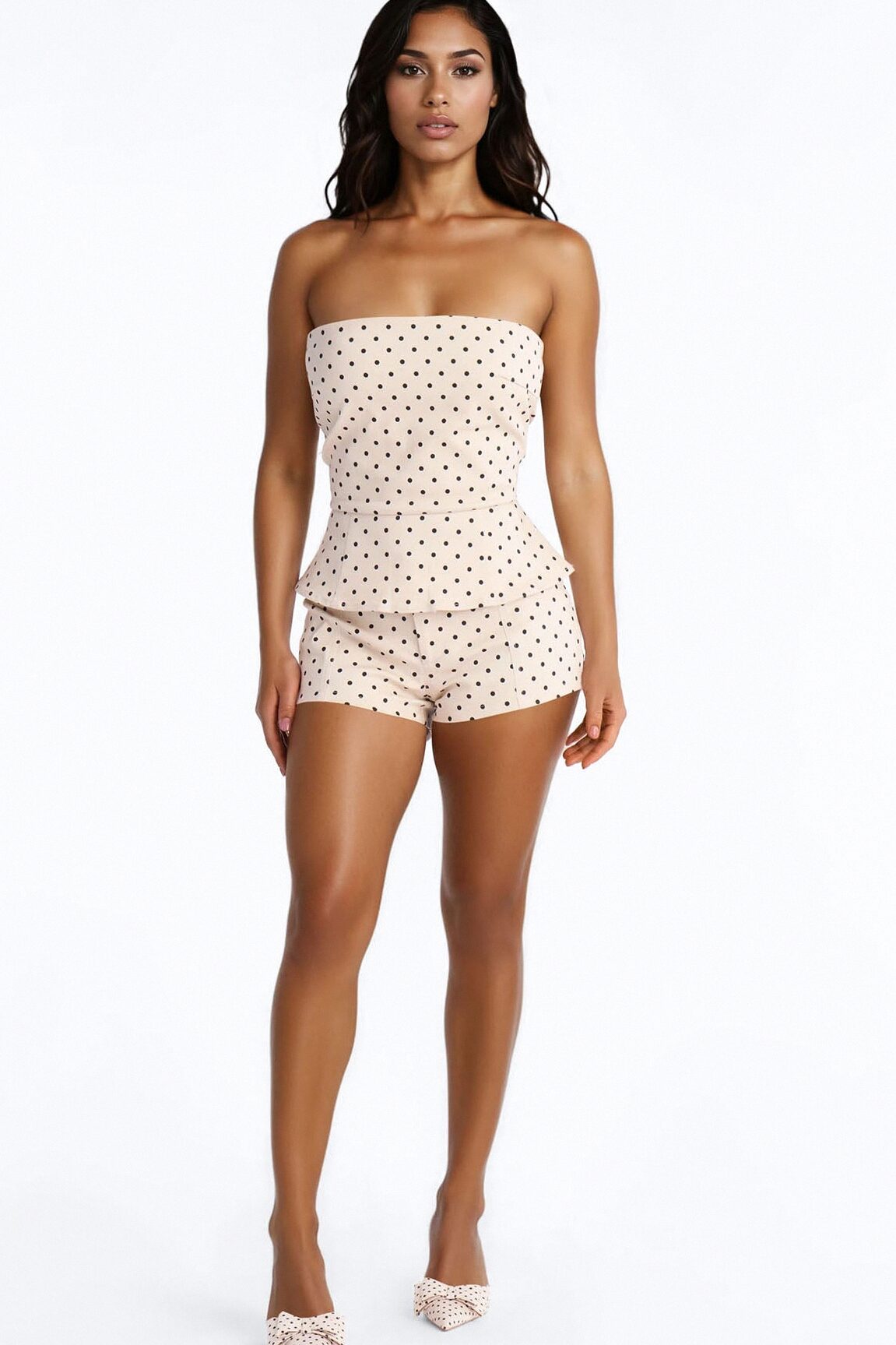 Mallory Twill Polka Dot Peplum Tube Top - Cream/combo