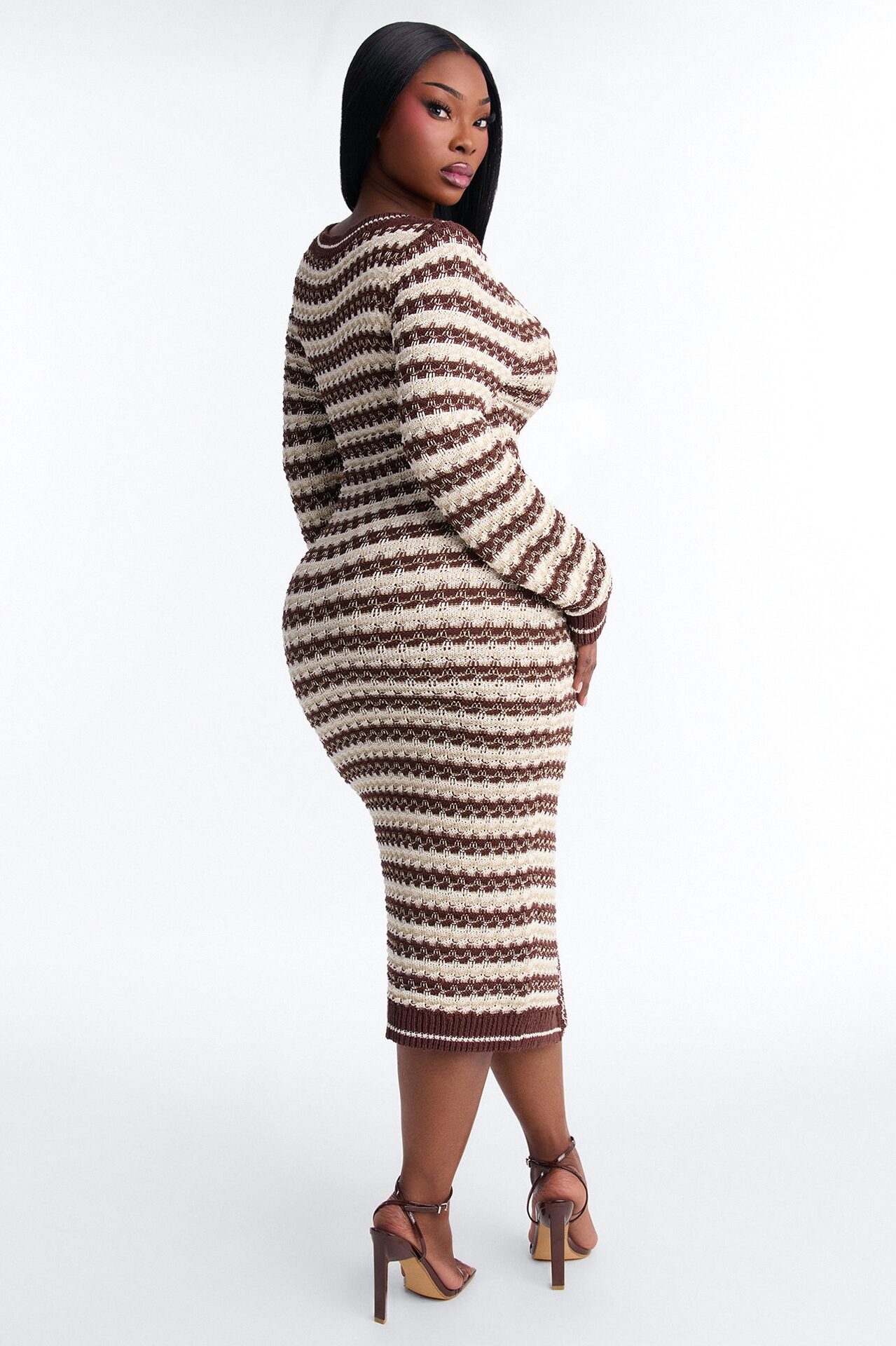 Hana Long Sleeve Sweater Midi Dress - Brown/combo