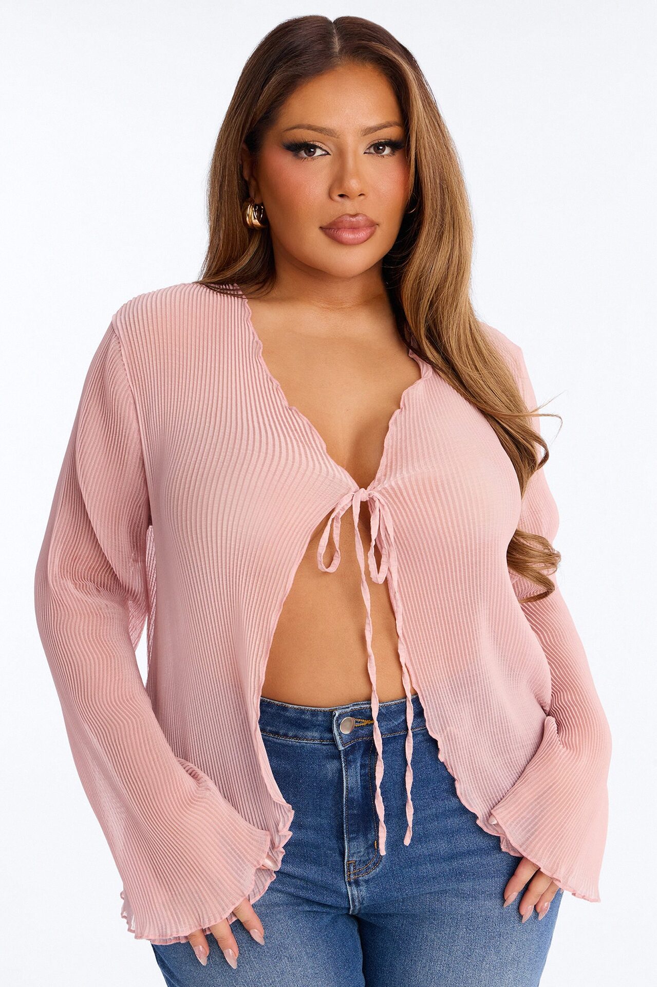 Becca Sheer Chiffon Long Sleeve Flyaway Top - Pink