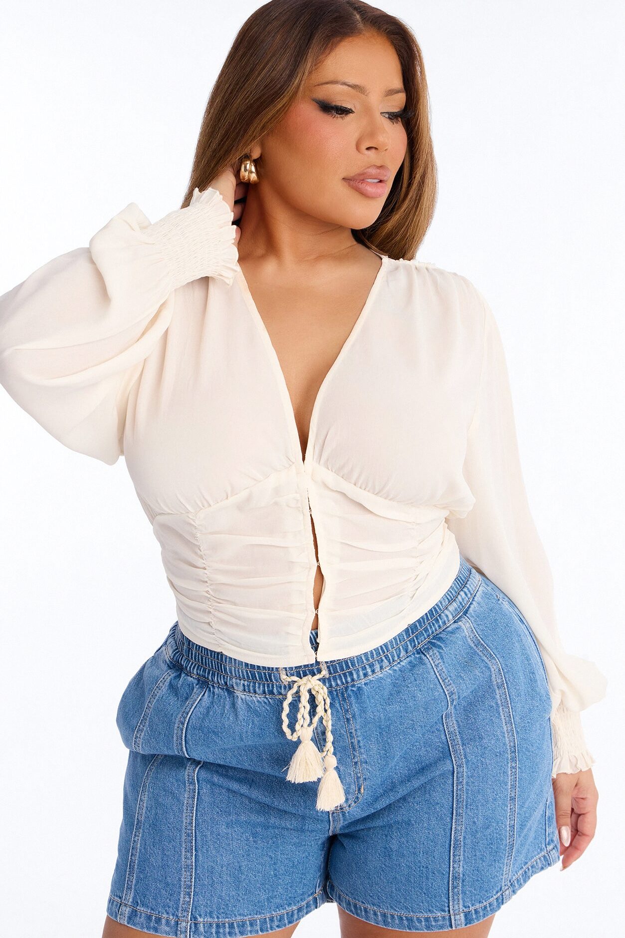 Bring The Flowers Ruched Chiffon Top - Cream