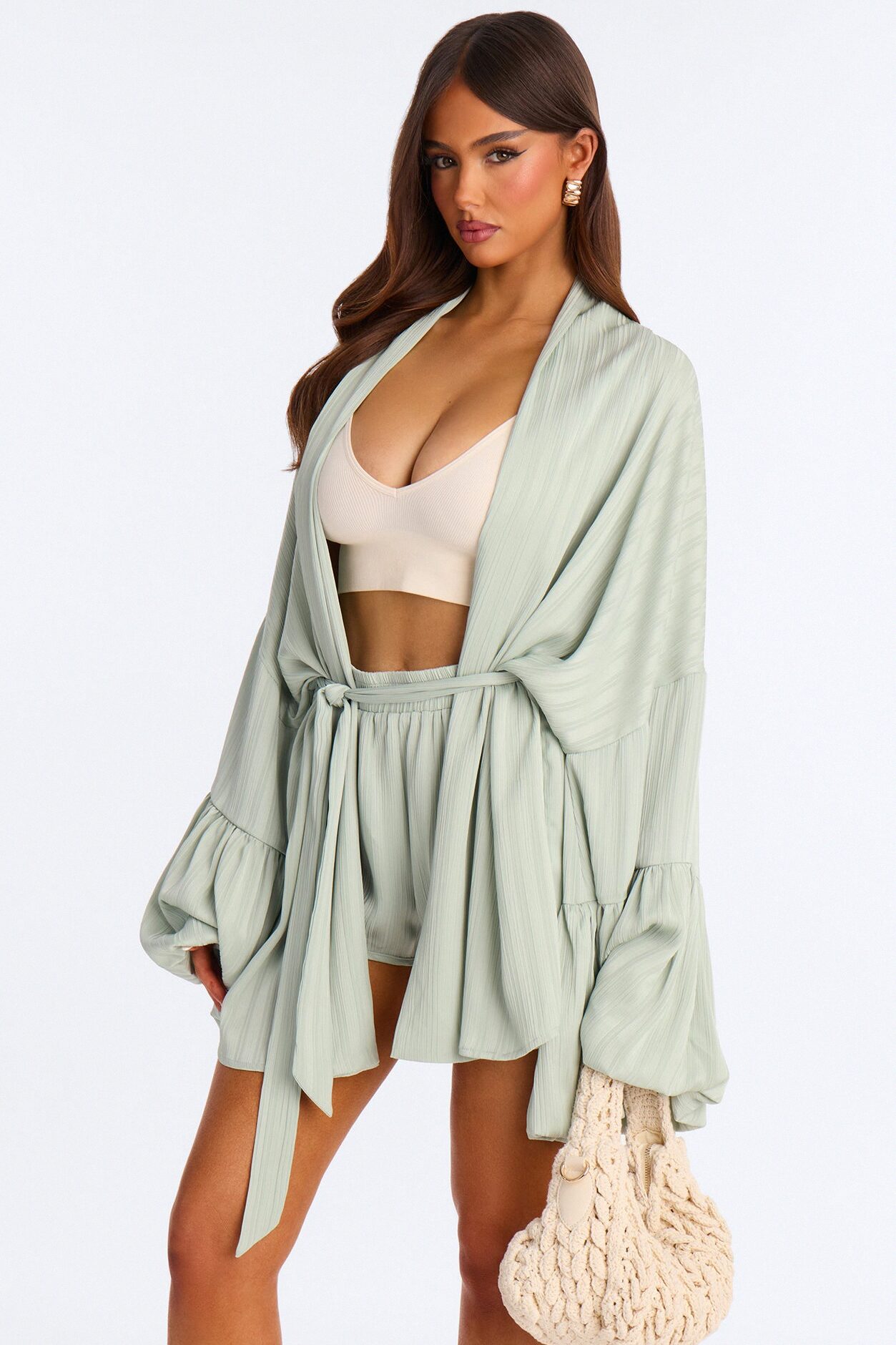 Bailee Satin Short Set - Sage