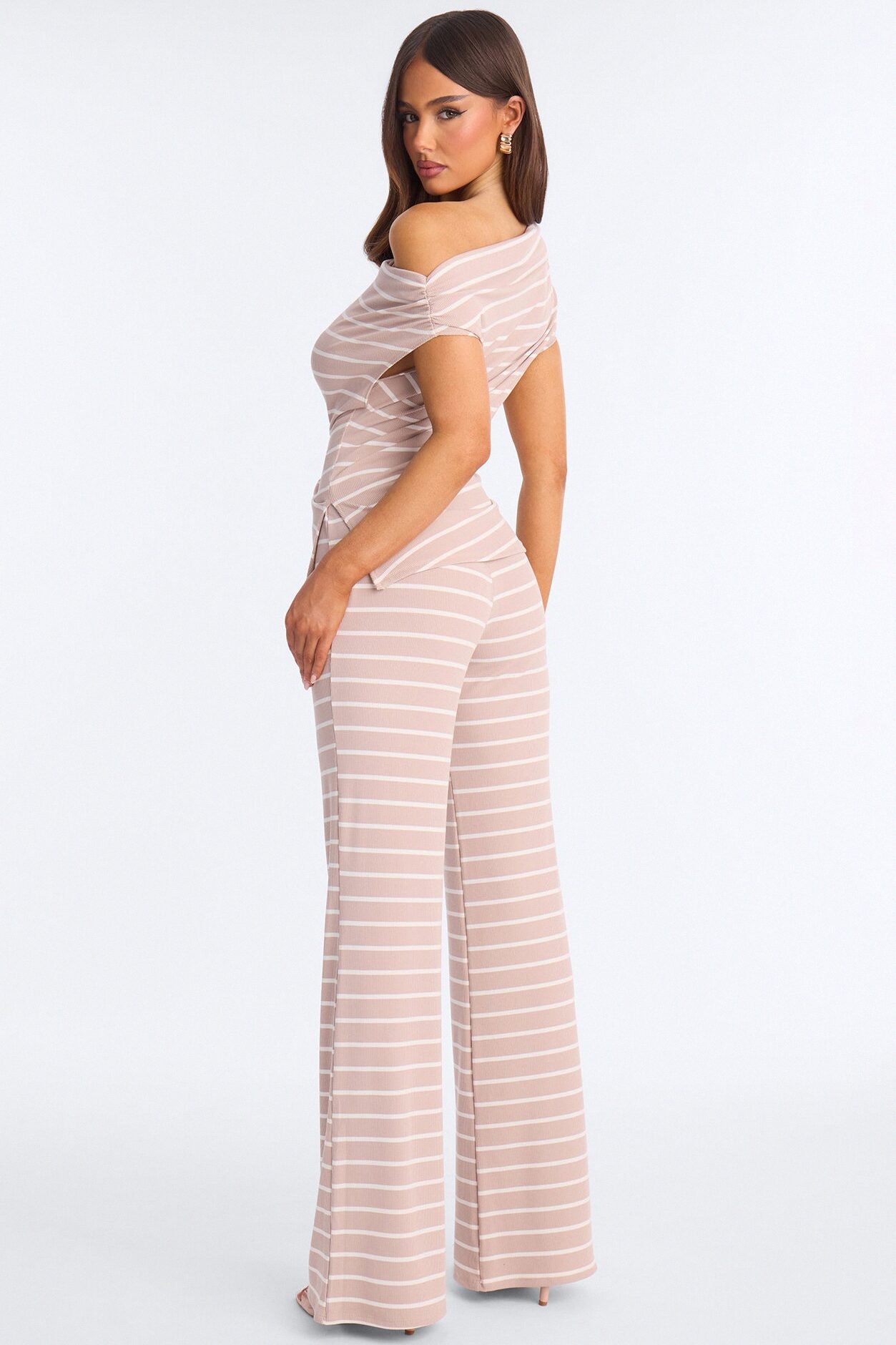 Carina Off Shoulder Ribbed Pant Set - Taupe