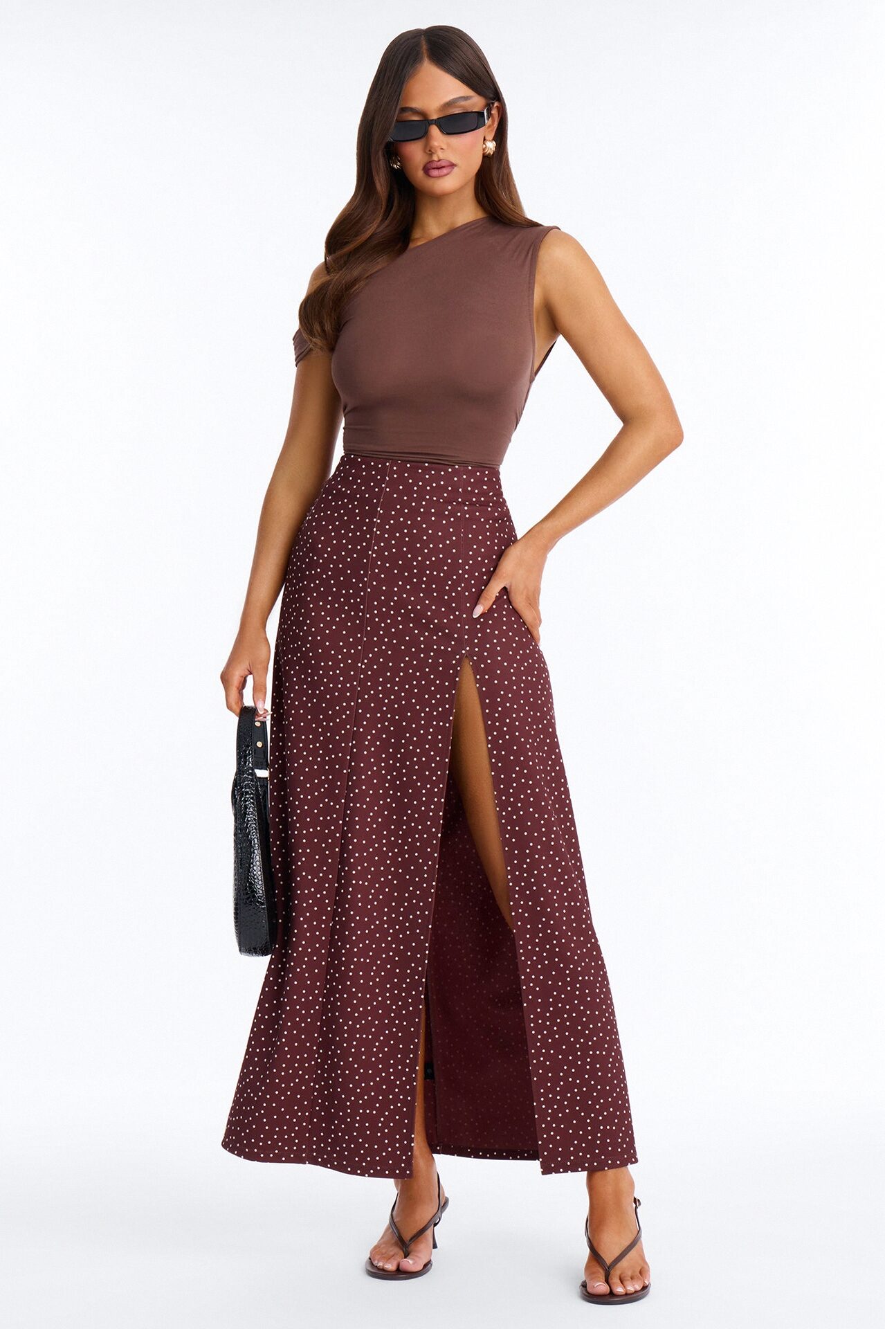 Dani Polka Dot High Slit Ankle Maxi - Chocolate