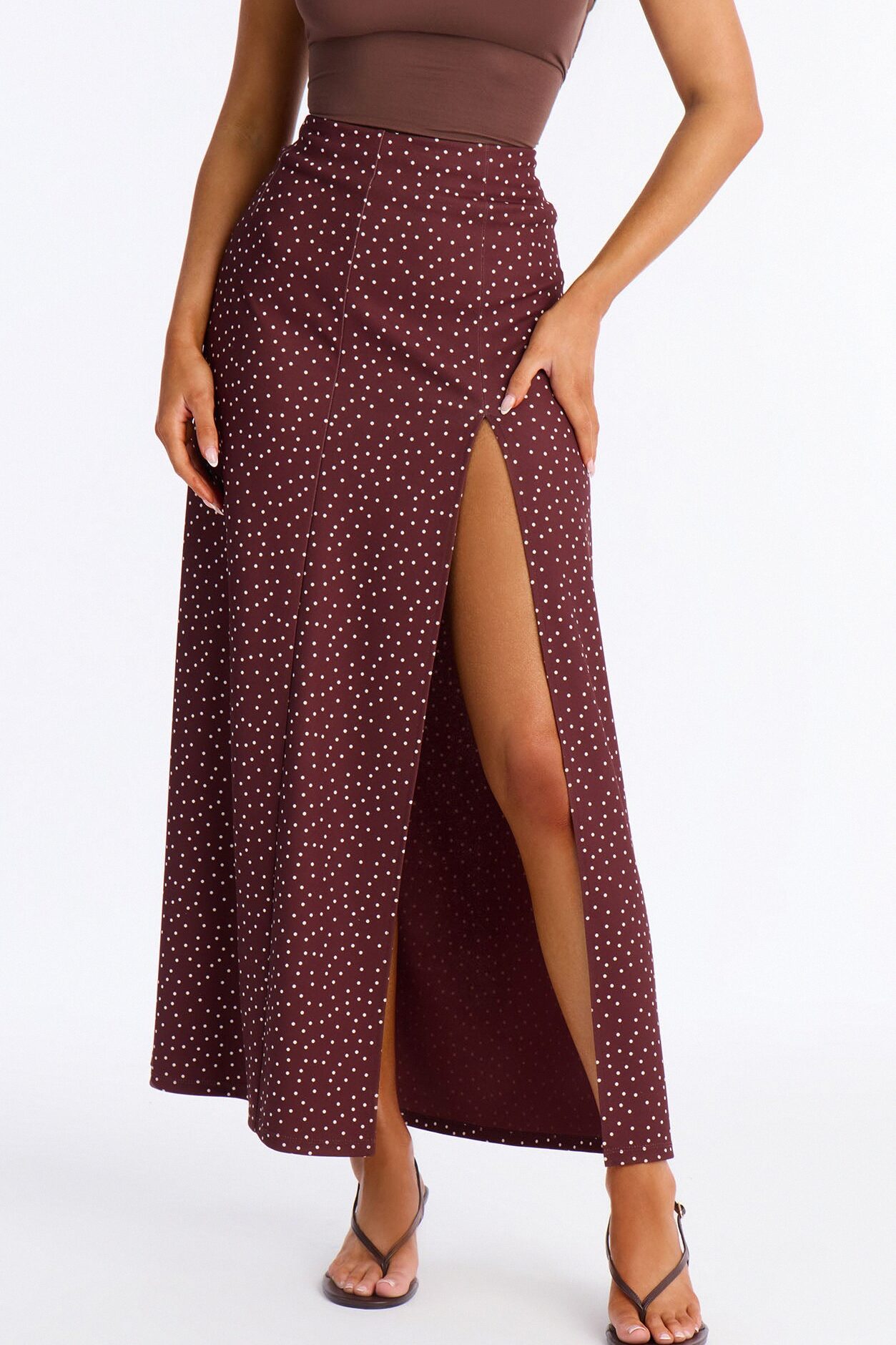 Dani Polka Dot High Slit Ankle Maxi - Chocolate