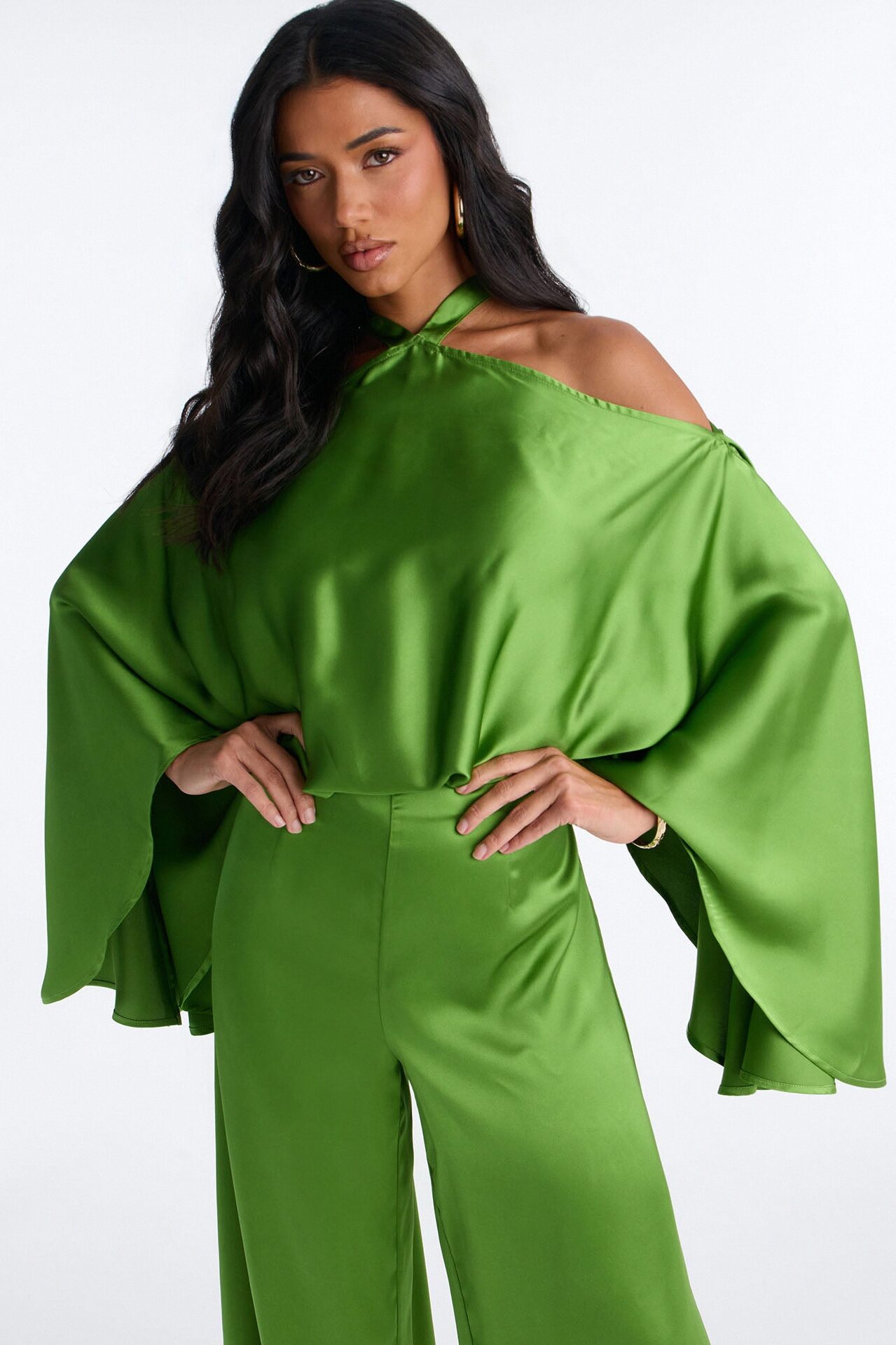 Oleena Satin Open Shoulder Jumpsuit - Green