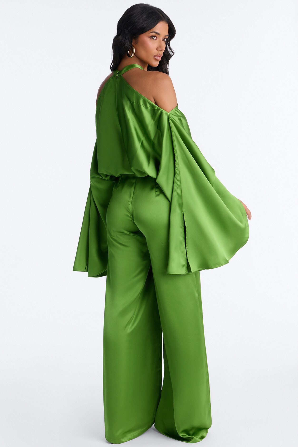 Oleena Satin Open Shoulder Jumpsuit - Green