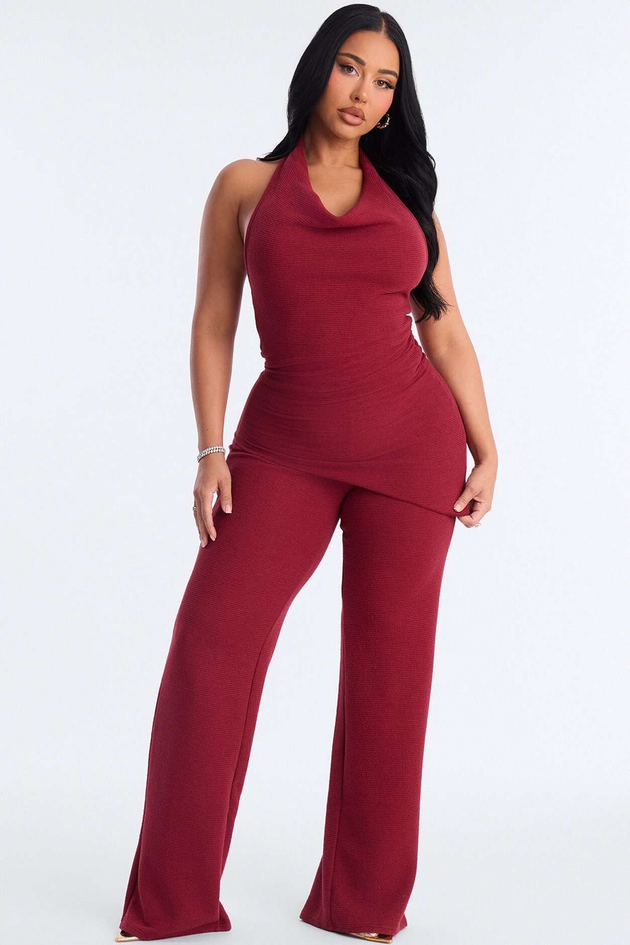 Amaya Asymmetrical Halter Pant Set - Wine