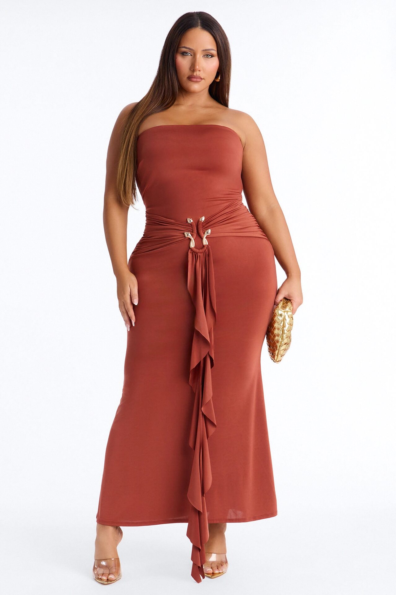In The Moment Strapless Maxi Dress - Rust