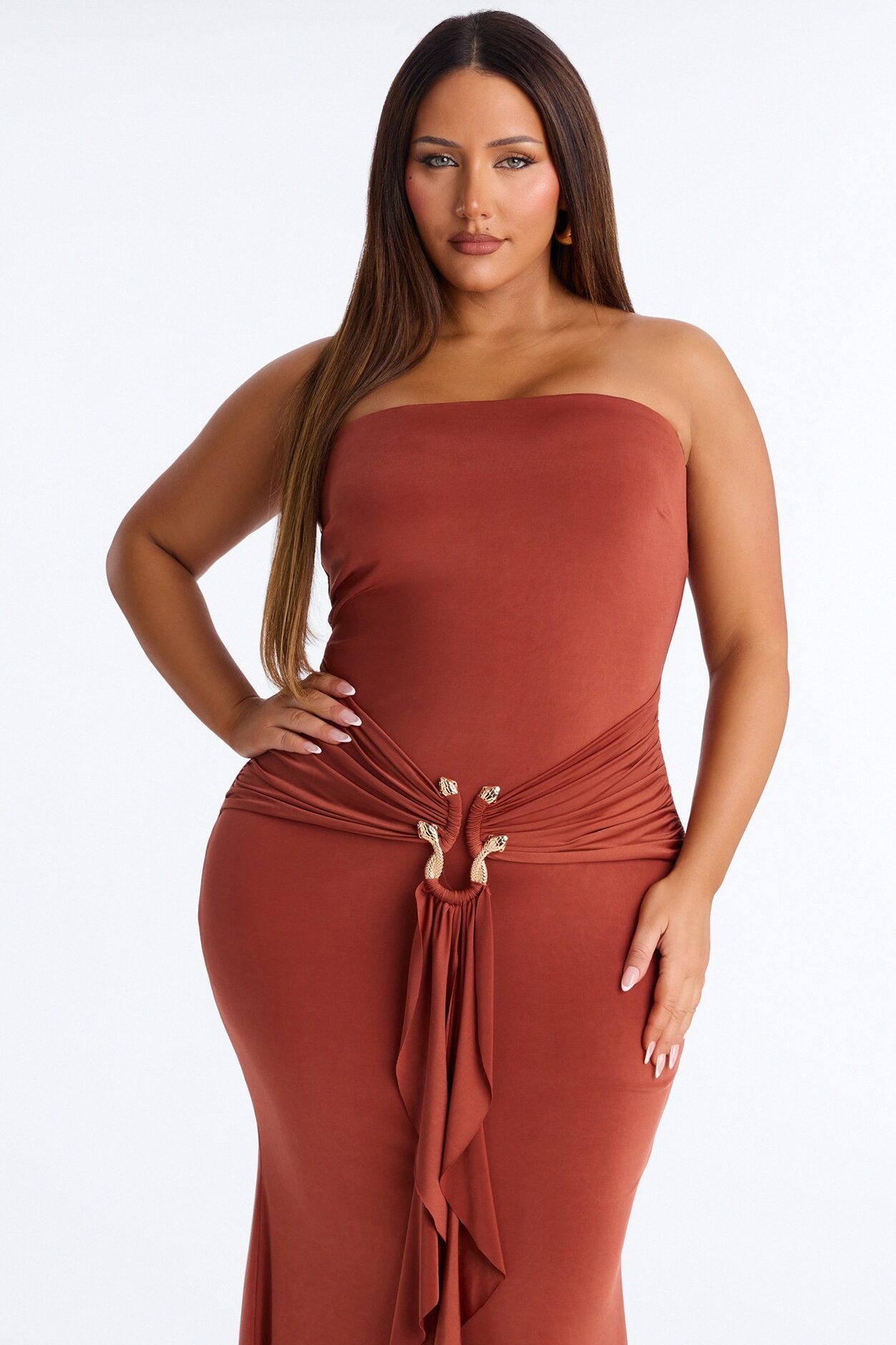 In The Moment Strapless Maxi Dress - Rust