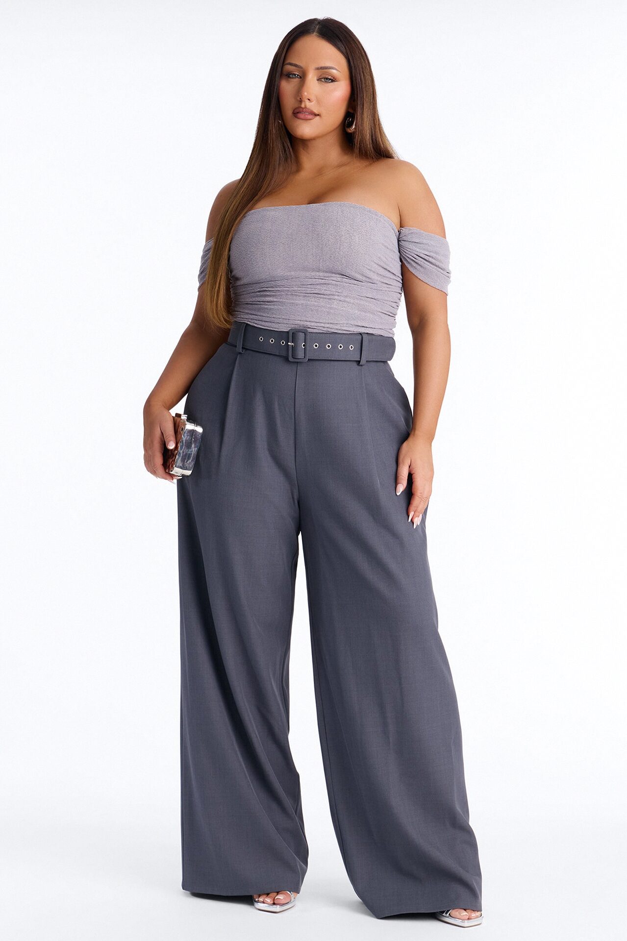 Charlize Off Shoulder Belted Jumpsuit - Grey