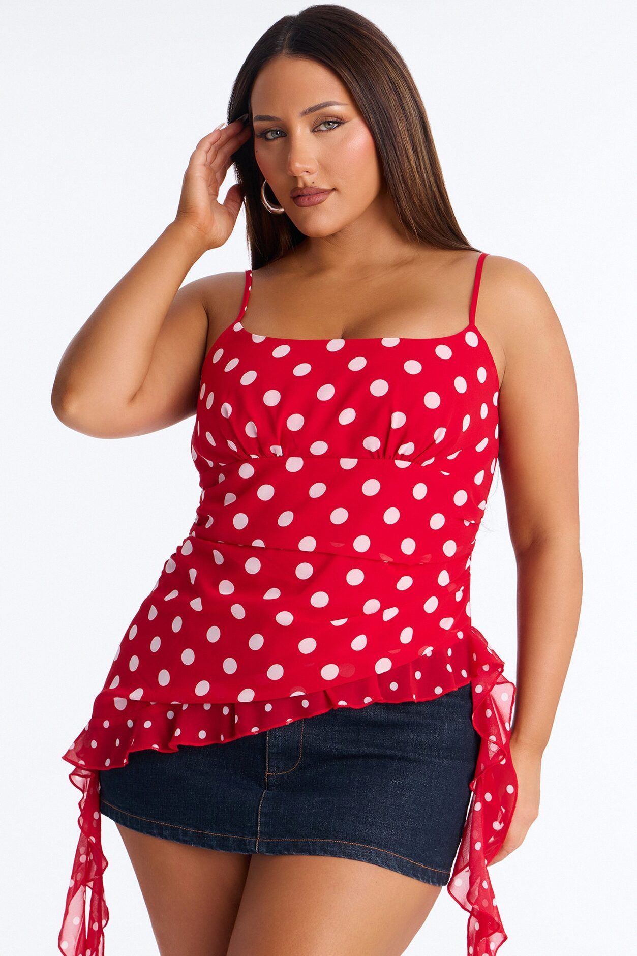 Kaydie Polka Dot Ruffle Detail Chiffon Top - Red/combo