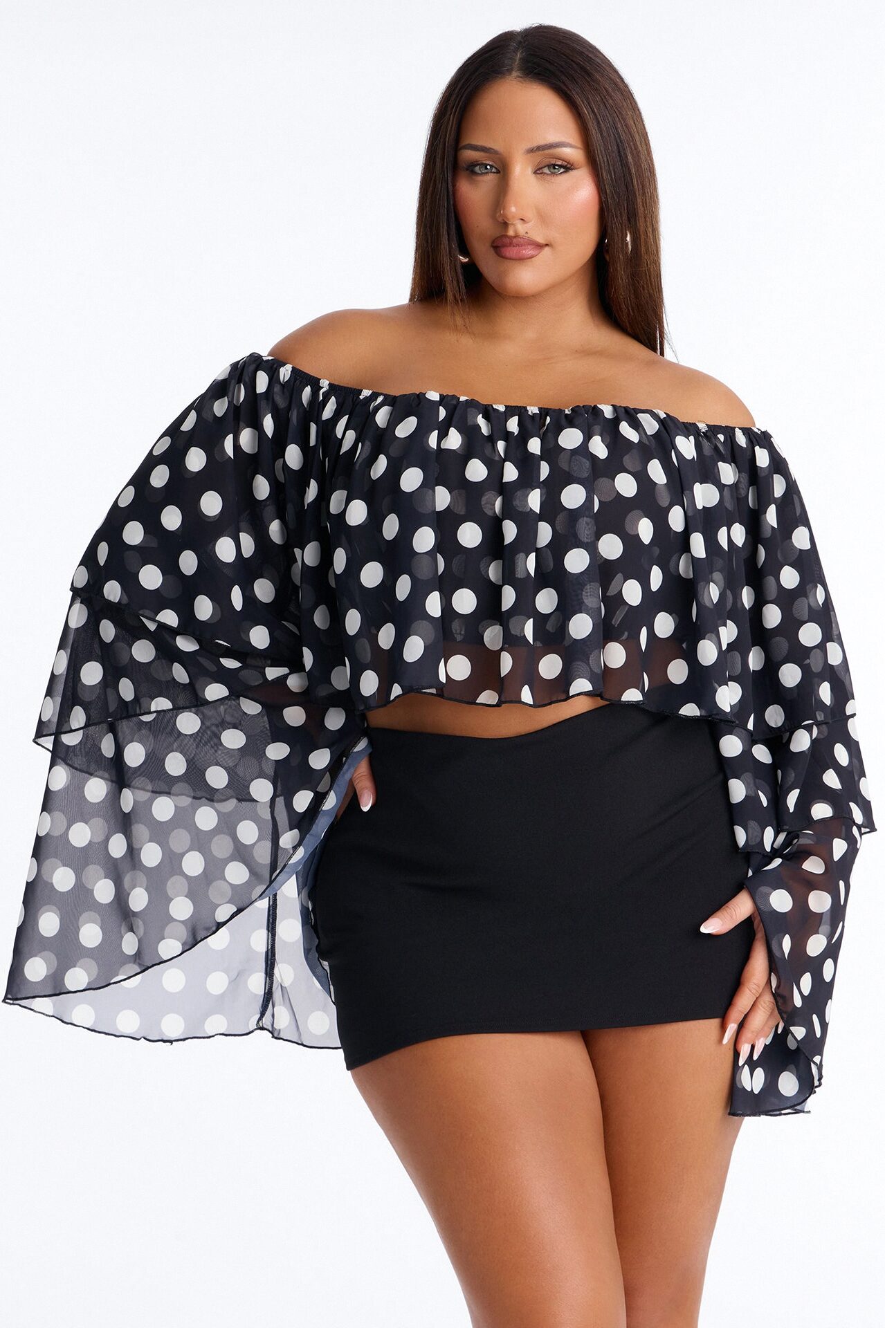 Polka Dot Glow Off Shoulder Chiffon Top - Black/combo