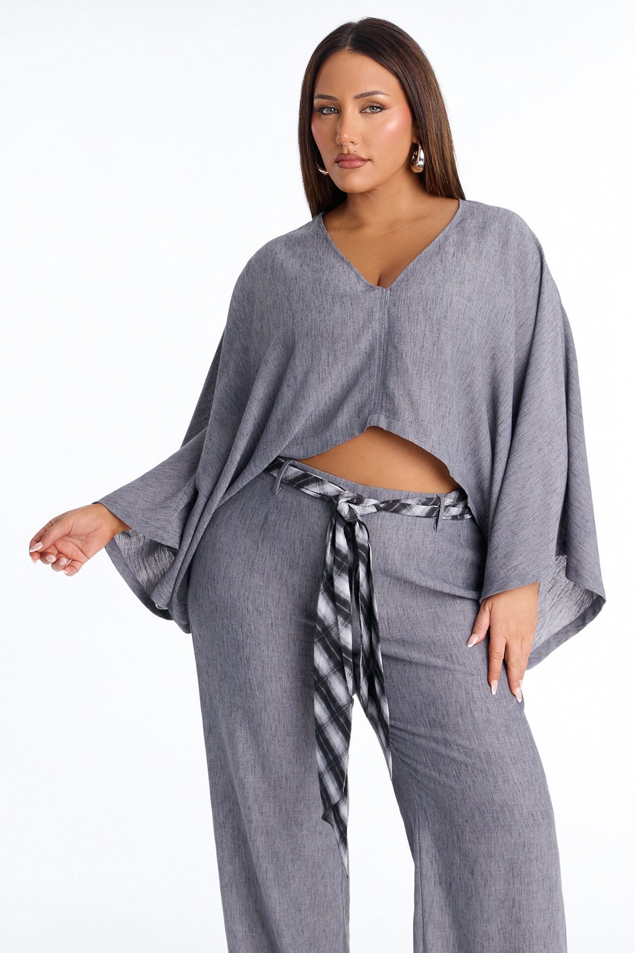 Fiora Scarf Belt Pant Set - Grey